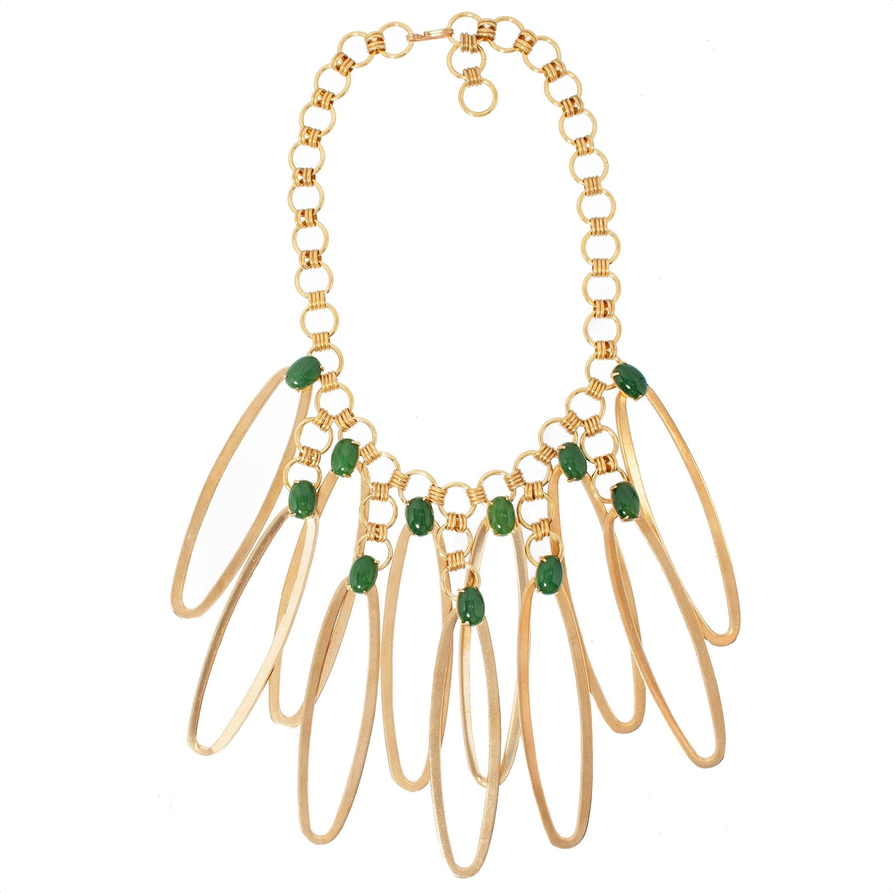 Ondine Necklace – Statement Necklace With Vintage Olive Glass Stones And Upcycled Brass Loops