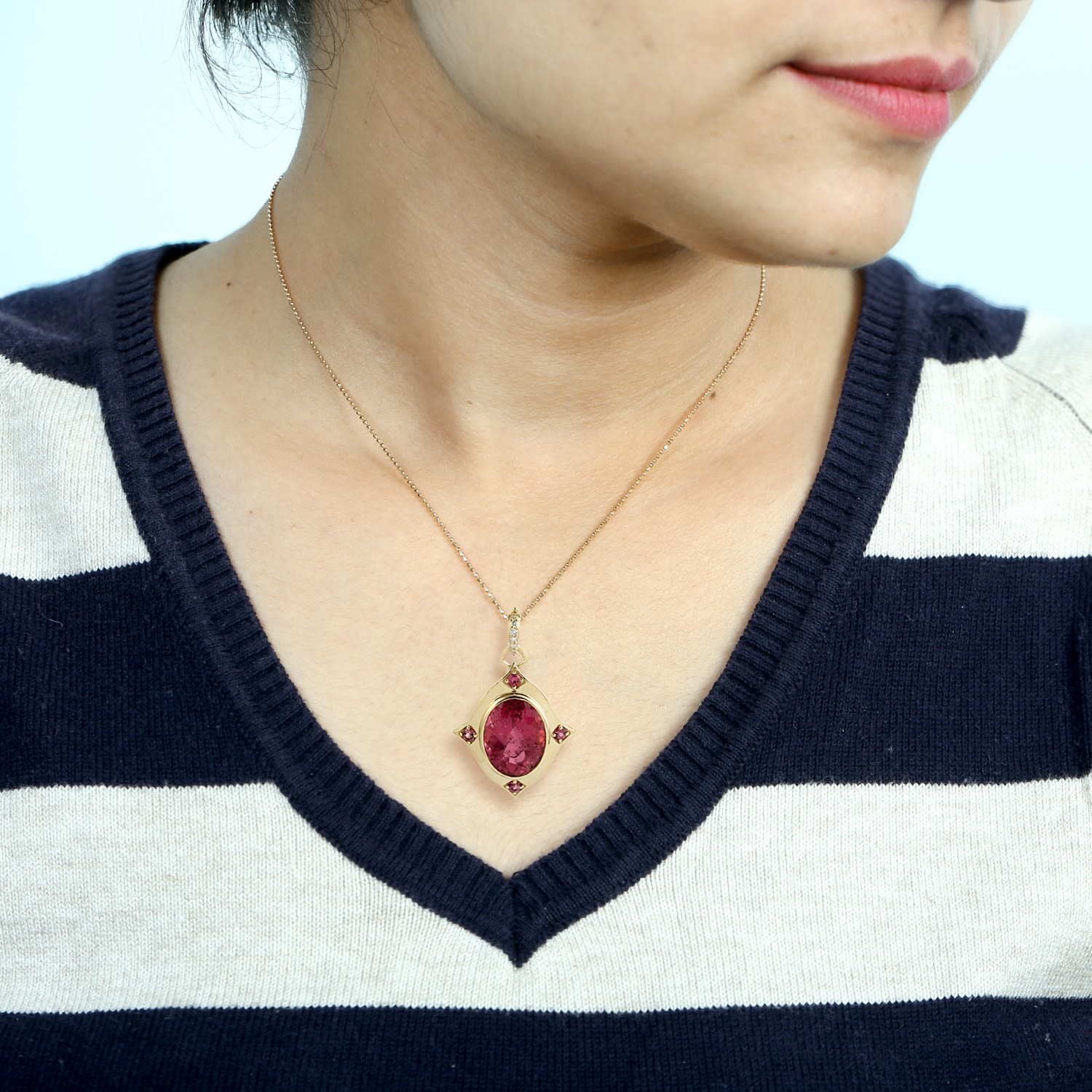 Oval Cut Pink Tourmaline & Diamond Designer Pendant In Gold