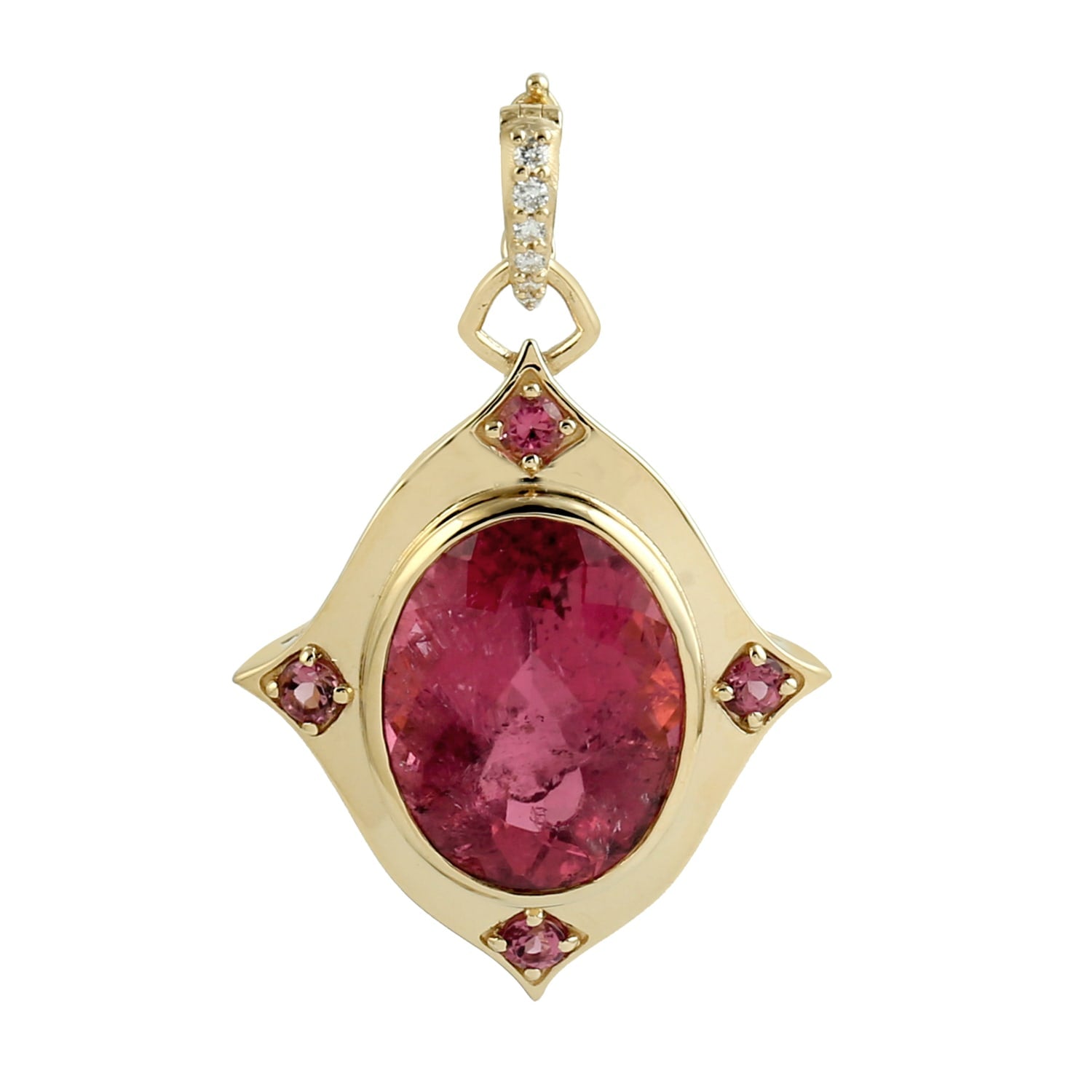 Oval Cut Pink Tourmaline & Diamond Designer Pendant In Gold