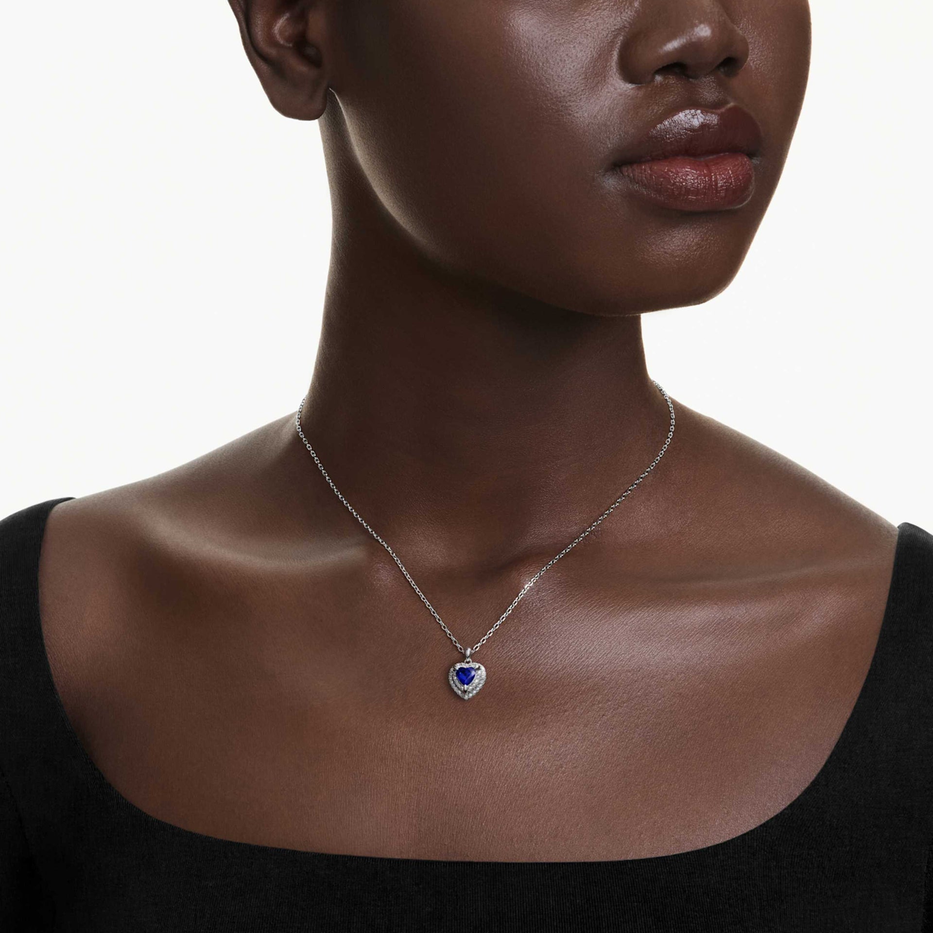 ONE PENDANT HEART CUT PAVE HEART BLUE RHODIUM PLATED