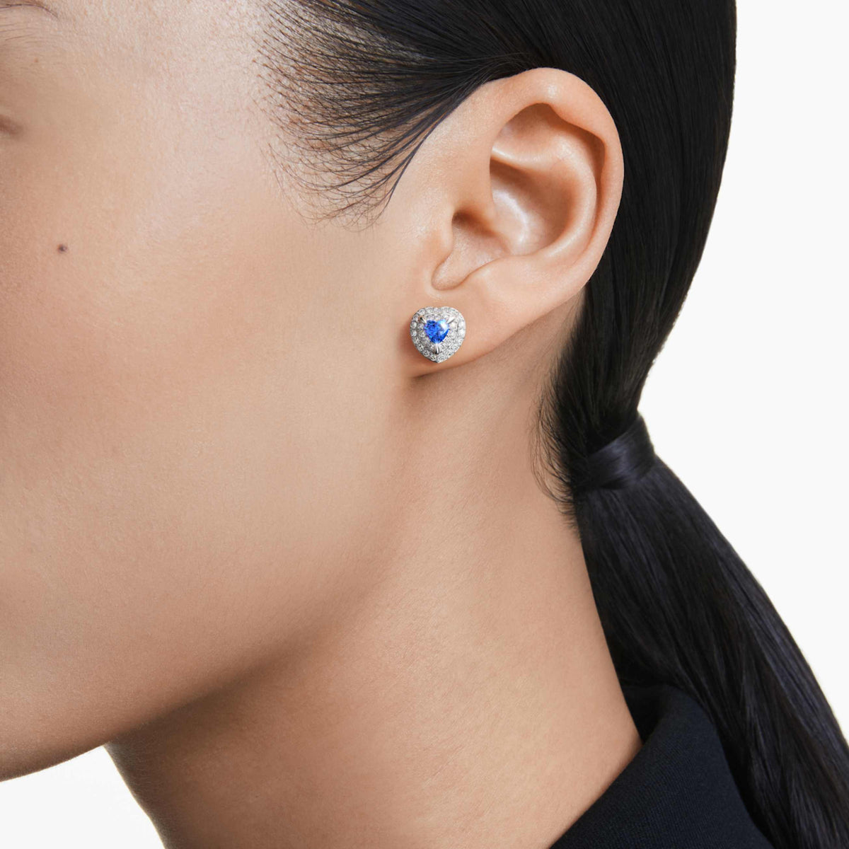 ONE STUD EARRINGS HEART CUT PAVE HEART BLUE RHODIUM PLATED