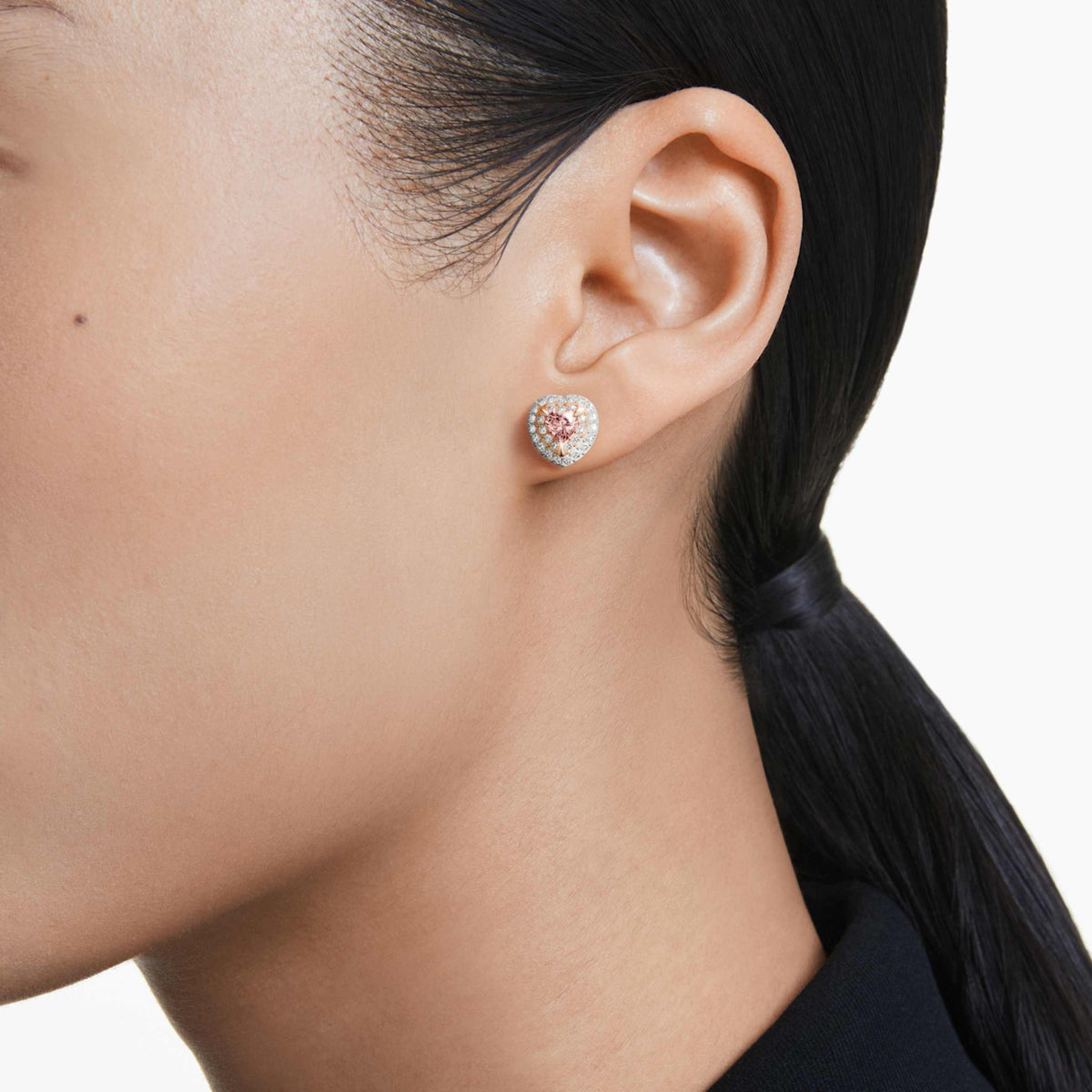 ONE STUD EARRINGS HEART CUT PAVE HEART PINK MIXED METAL FINISH