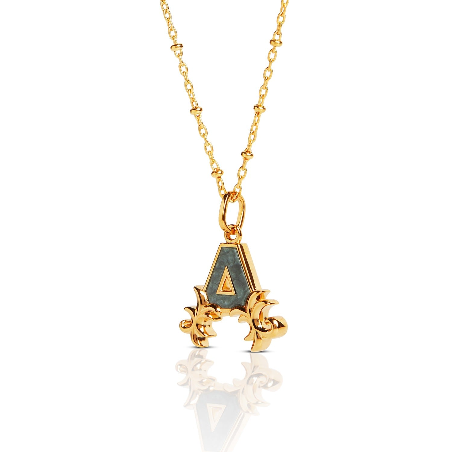 Gold Plated A Initial Necklace With Green Marble