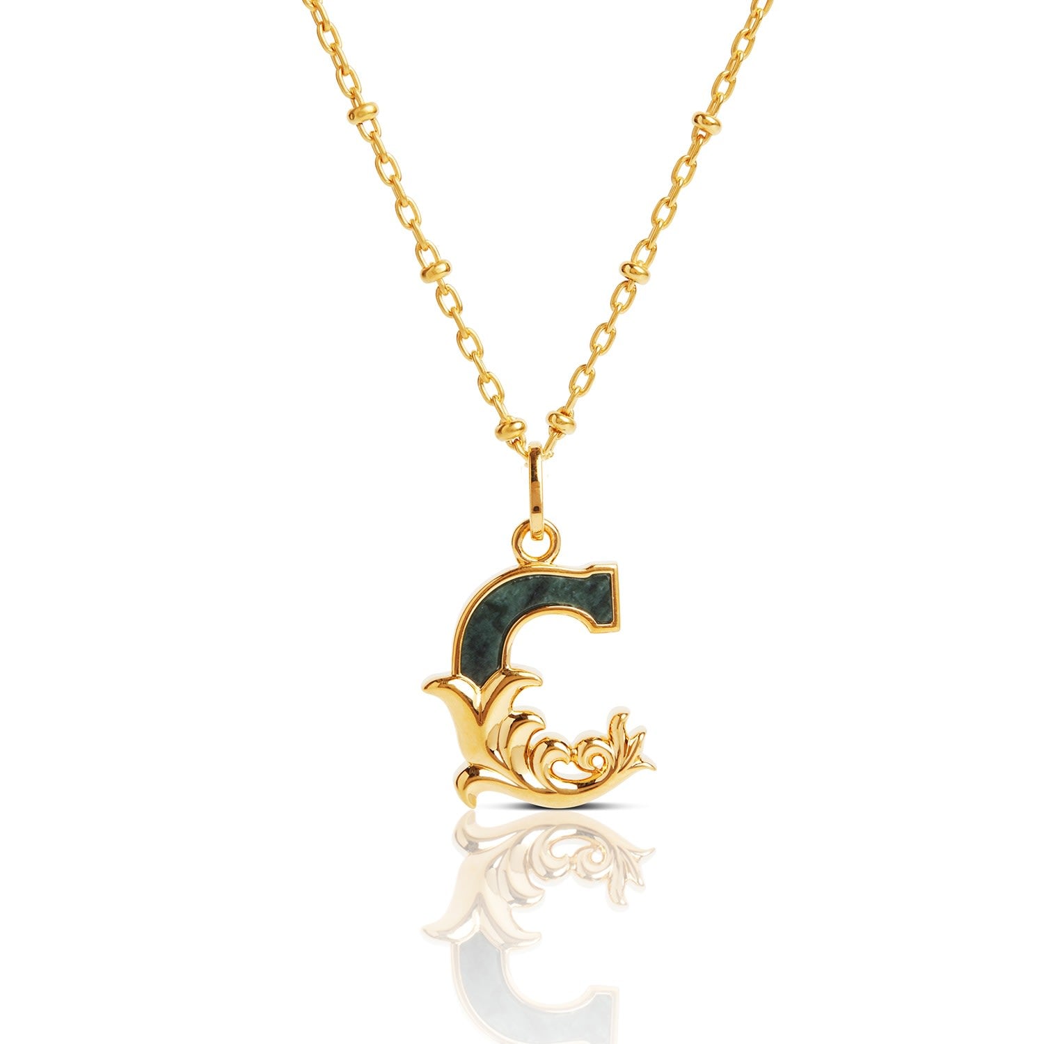 Gold Plated C Initial Necklace With Green Marble