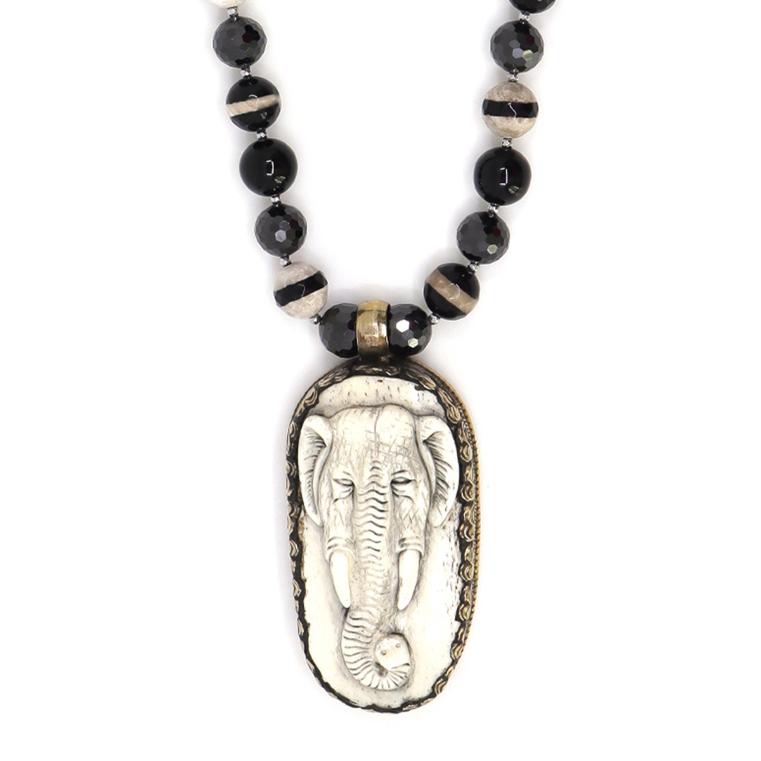 Black Cubic Zirconia, Onyx & Elephant Bone Pendant Beaded Necklace