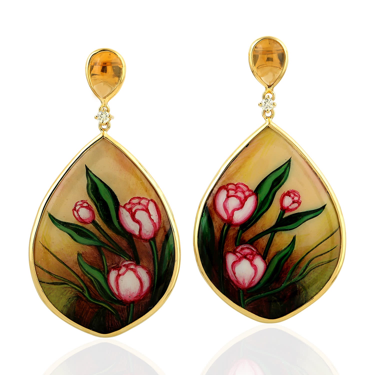 Onyx & Citrine Prong Diamond Picture Enamel Dangle Earrings In Gold