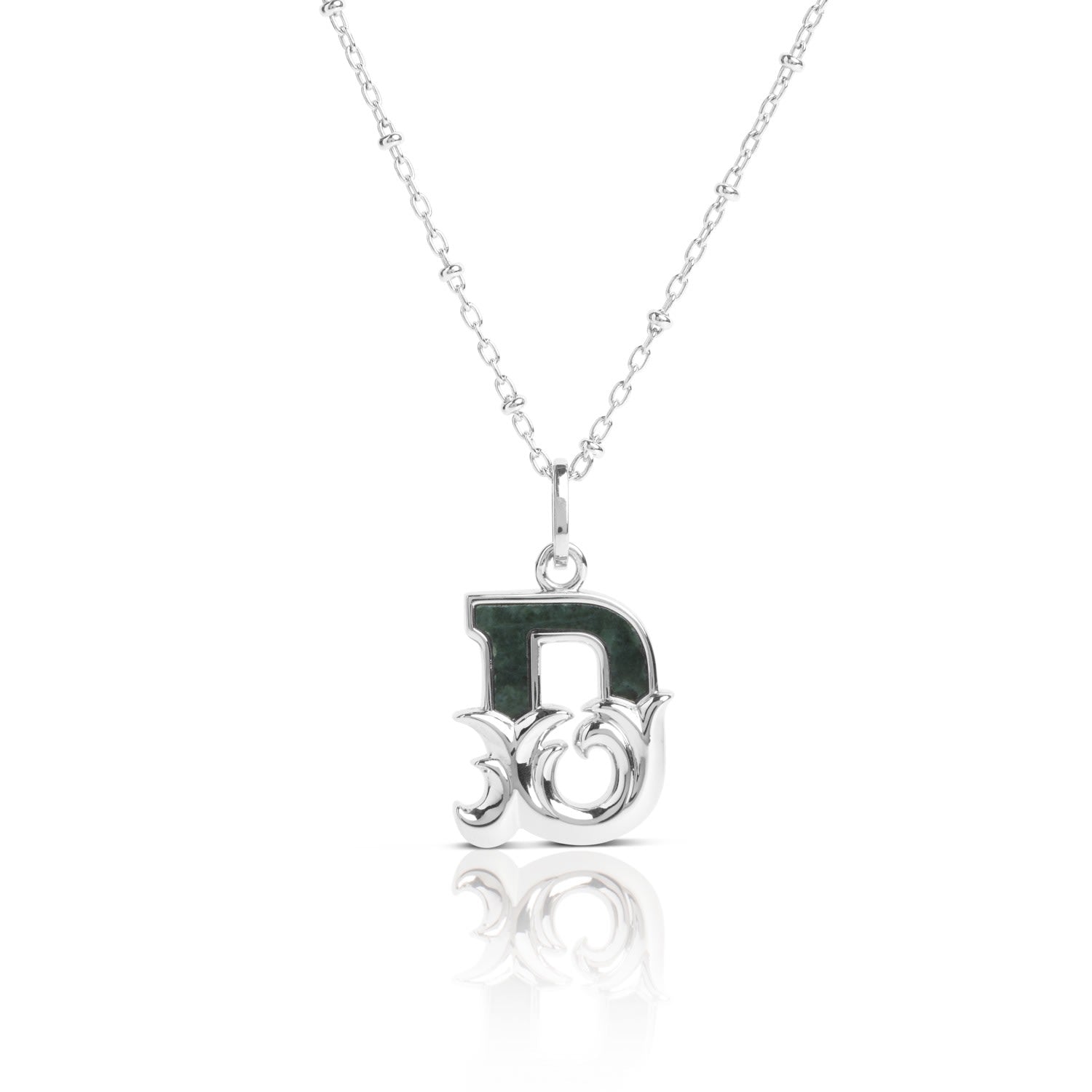 Solid Silver D Initial Necklace With Green Marble
