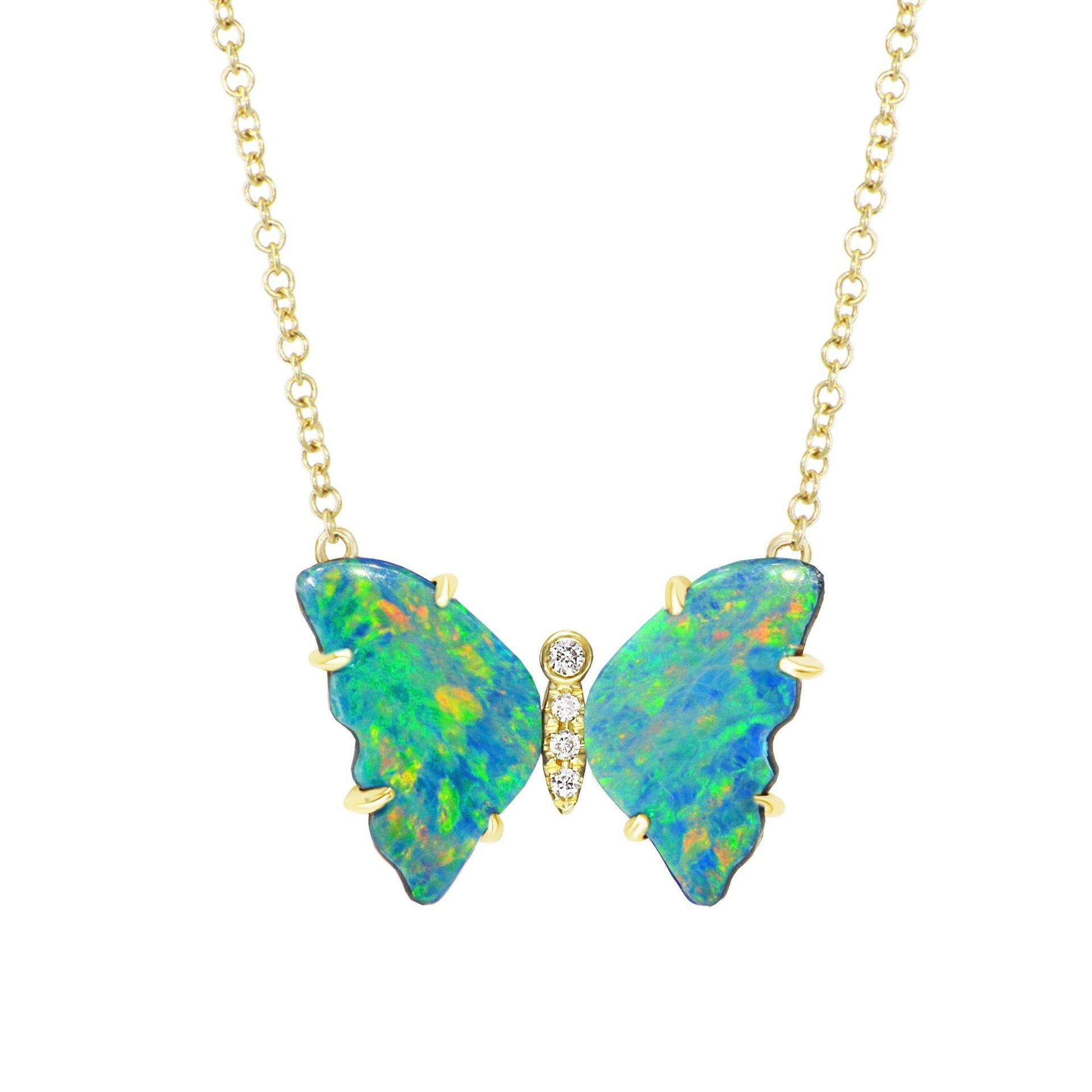 Opal Butterfly Necklace With Diamonds & Prongs - Earth Green