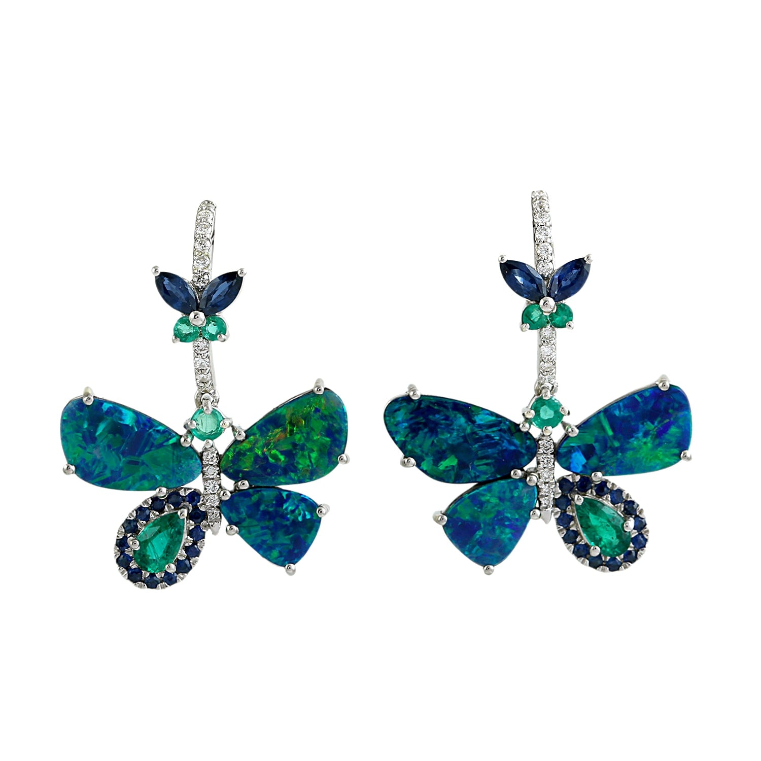 Opal Doublet & Blue Sapphire Emerald Pave Diamond Butterfly Earrings In White Gold