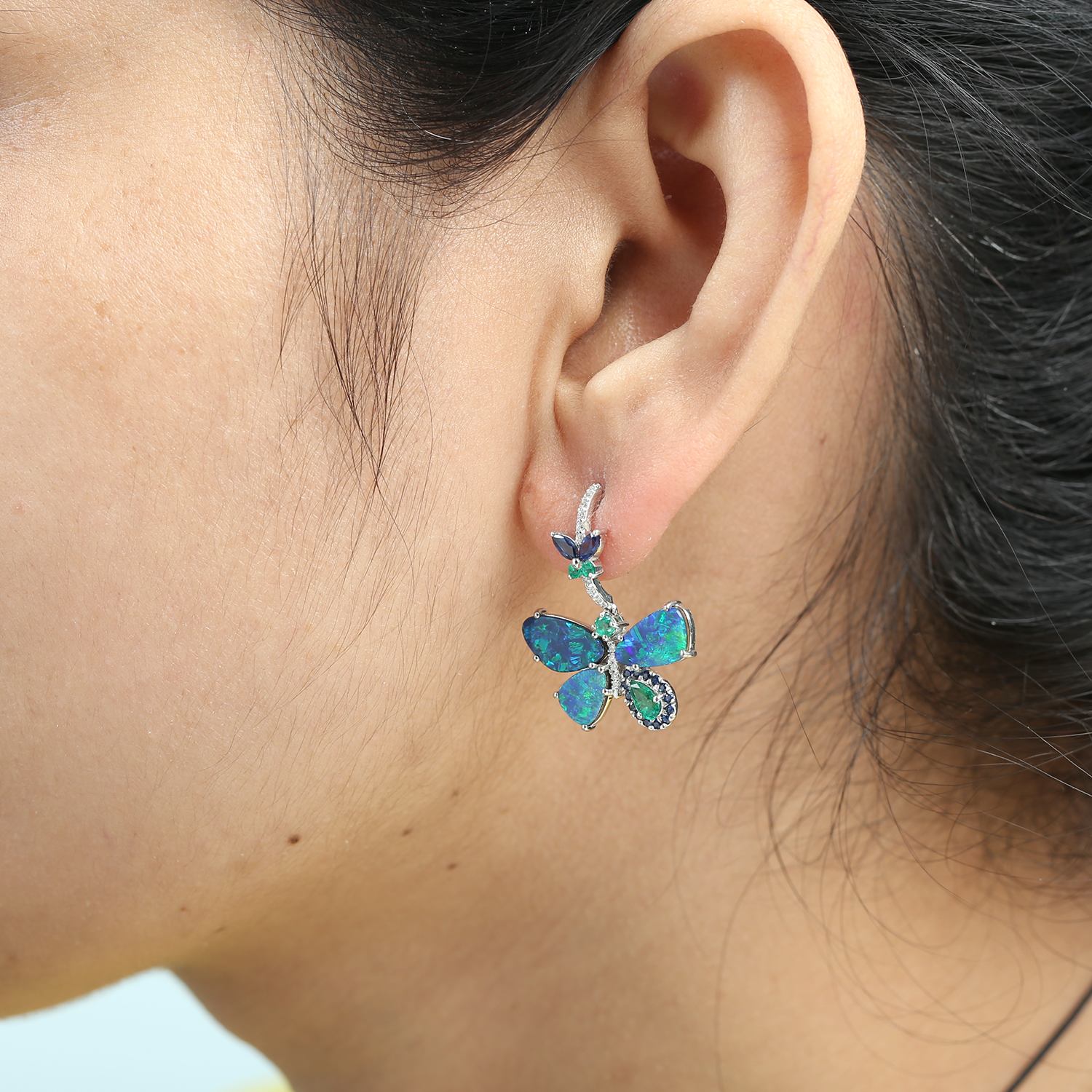 Opal Doublet & Blue Sapphire Emerald Pave Diamond Butterfly Earrings In White Gold