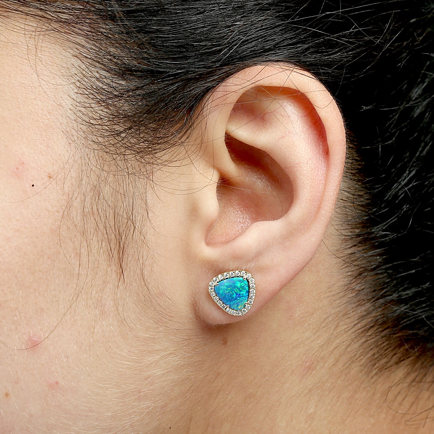 Minimalist Opal Doublet & Diamond Studs In 14K Gold