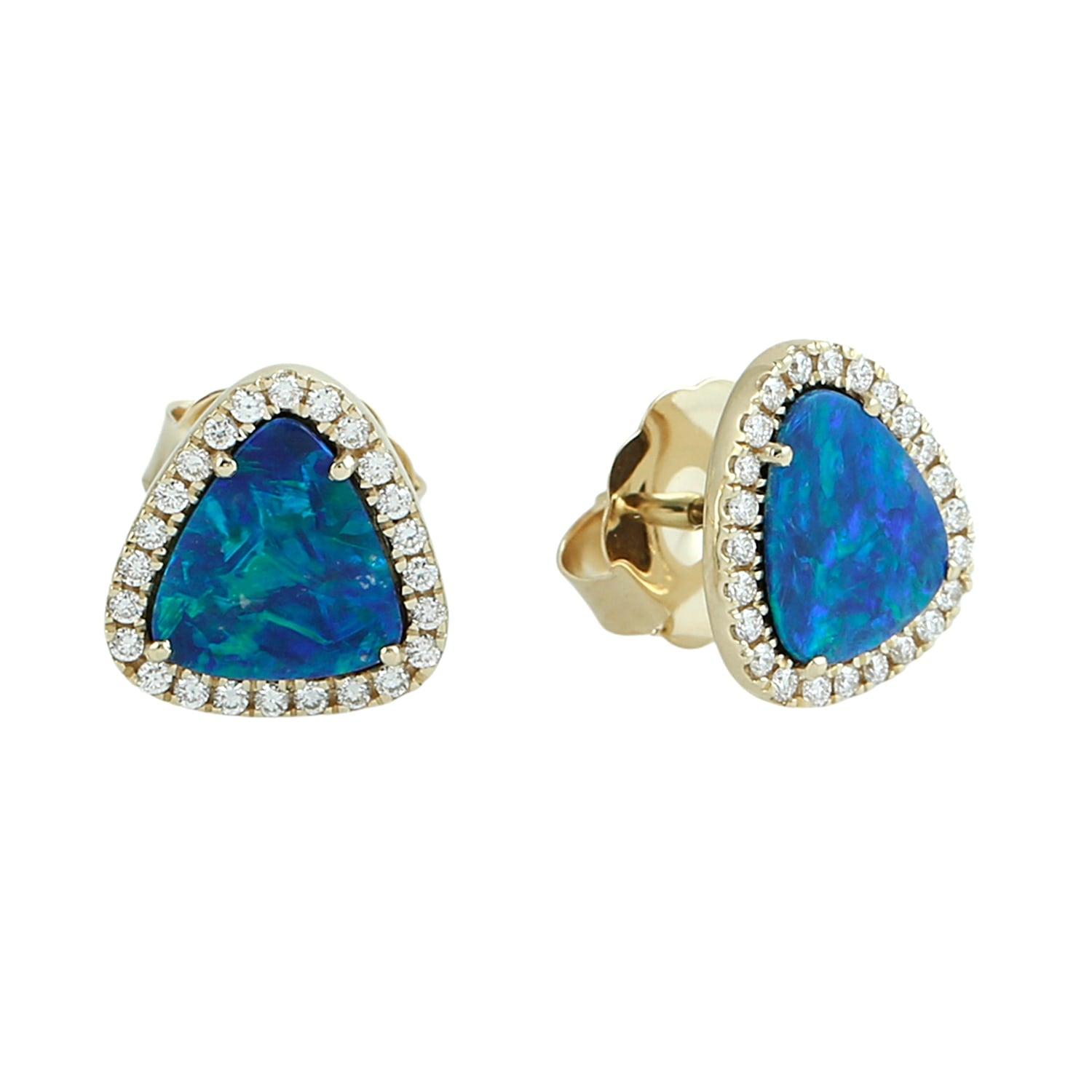 Minimalist Triangle Stud Earrings With Opal And Diamond In Gold