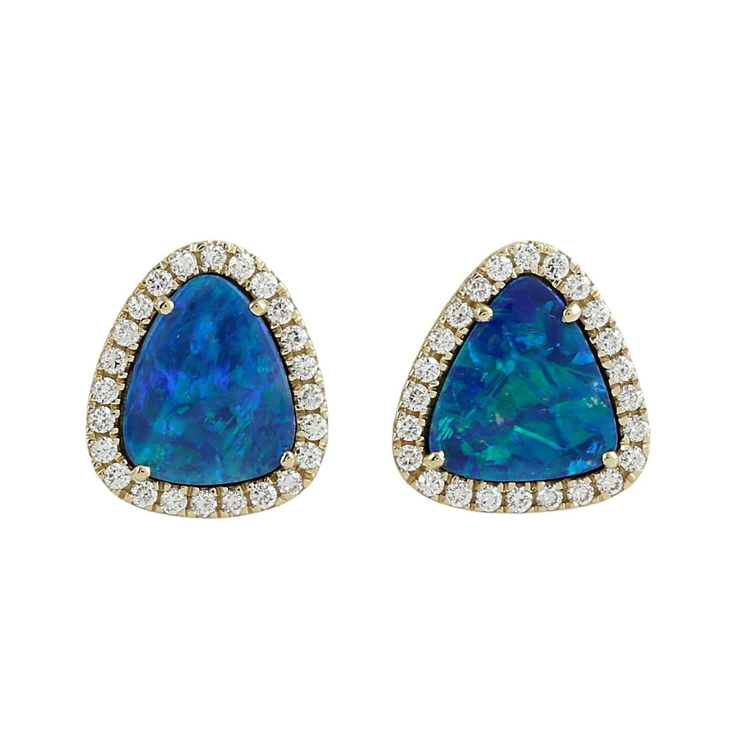 Minimalist Triangle Stud Earrings With Opal And Diamond In Gold
