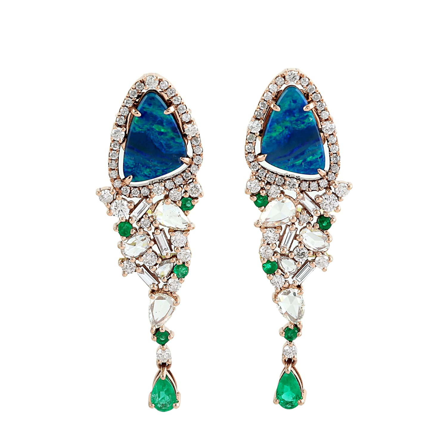 Opal Doublet & Emerald Baguette Diamond Dangle Earrings In Rose Gold
