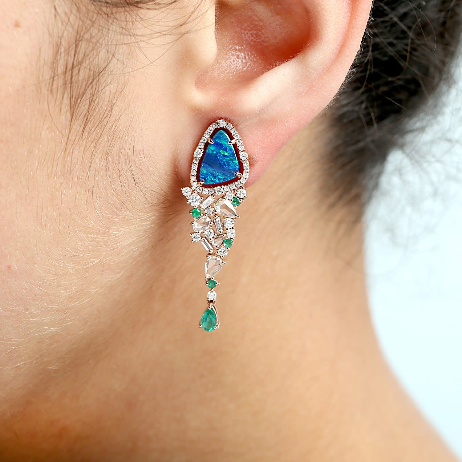 Opal Doublet & Emerald Baguette Diamond Dangle Earrings In Rose Gold