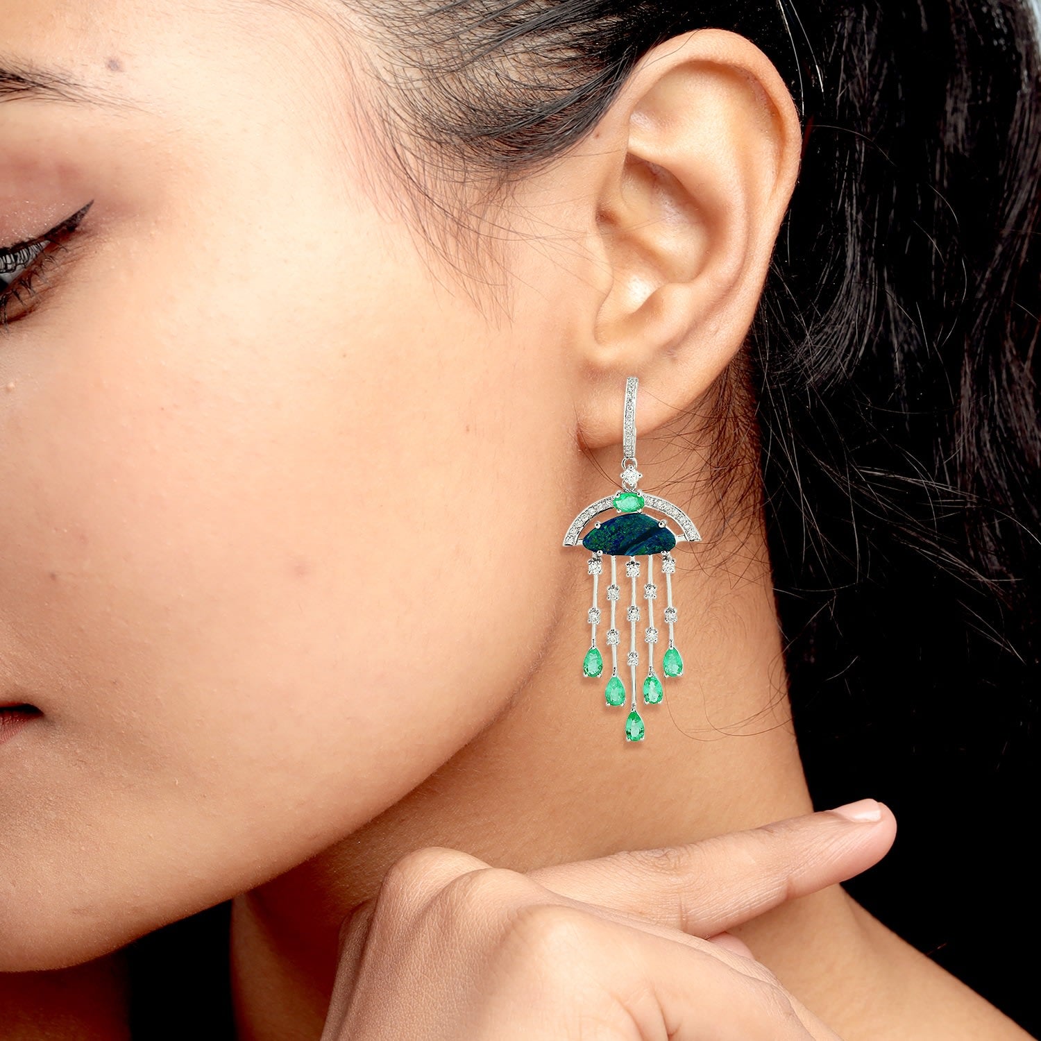 Opal Doublet & Emerald Gemstone Pave Diamond Dangle Earrings In White Gold