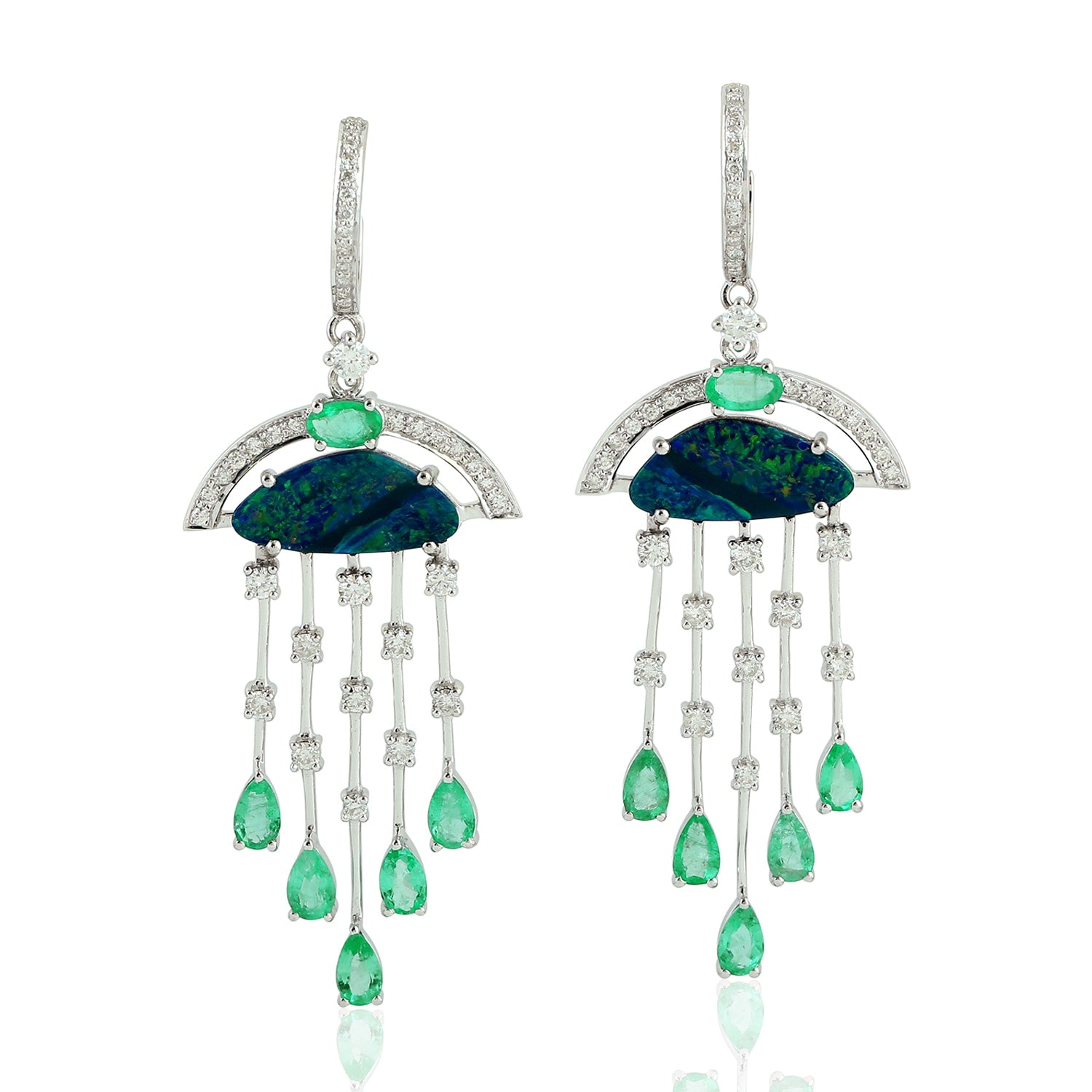 Opal Doublet & Emerald Gemstone Pave Diamond Dangle Earrings In White Gold