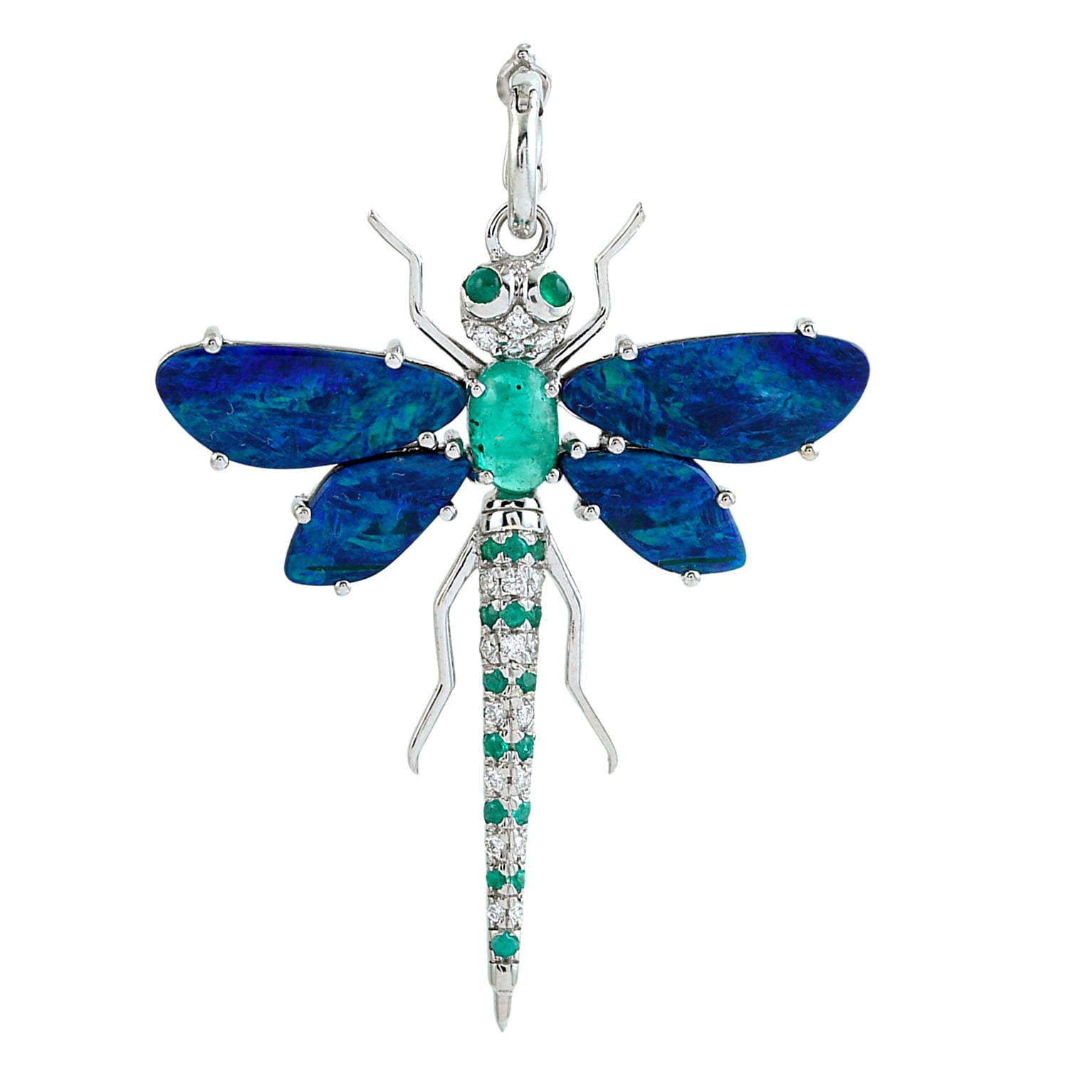 Opal Doublet & Emerald Pave Diamond Dragon Fly Pendant In White Gold