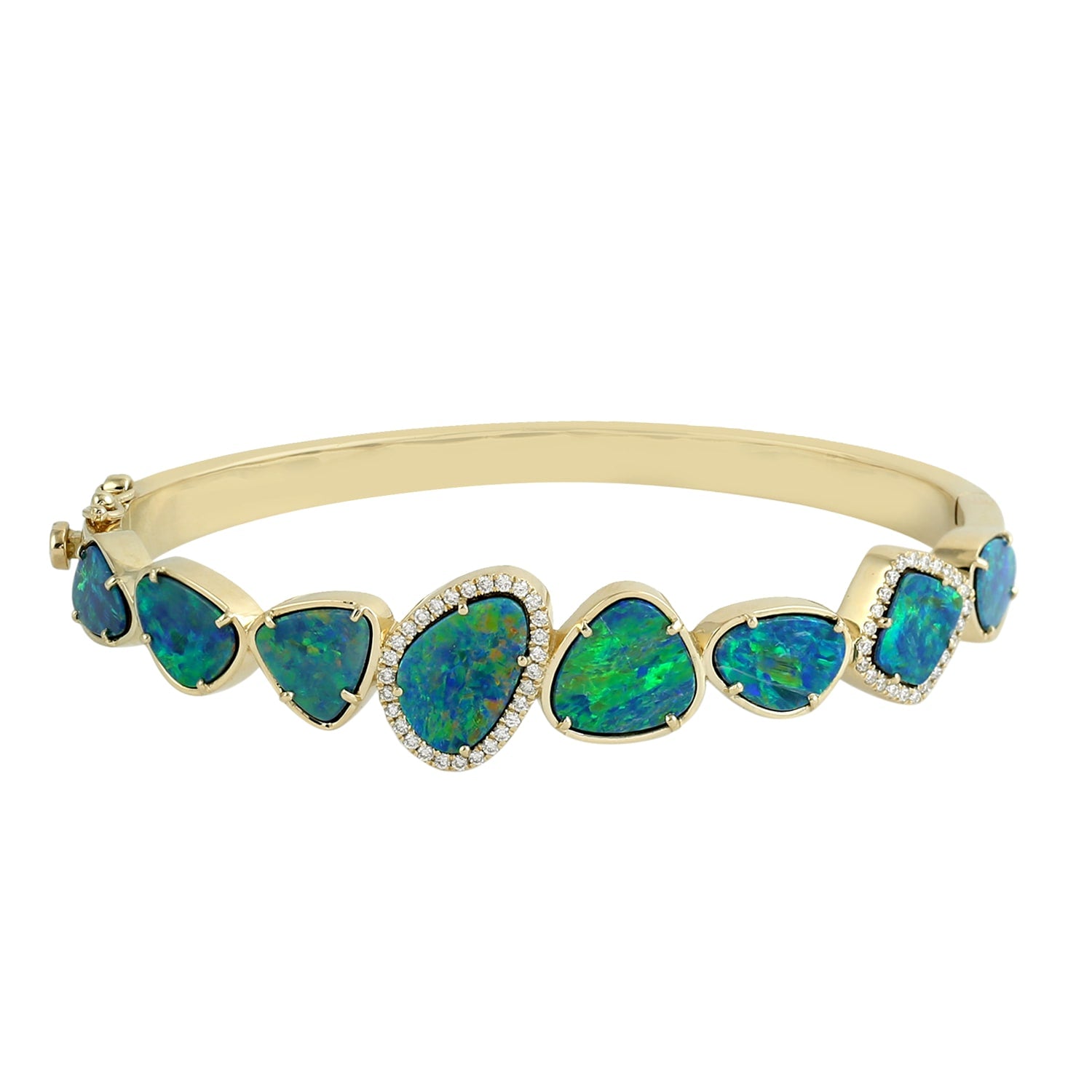 Opal Doublet Gemstone Pave Diamond Designer Bangle In Gold