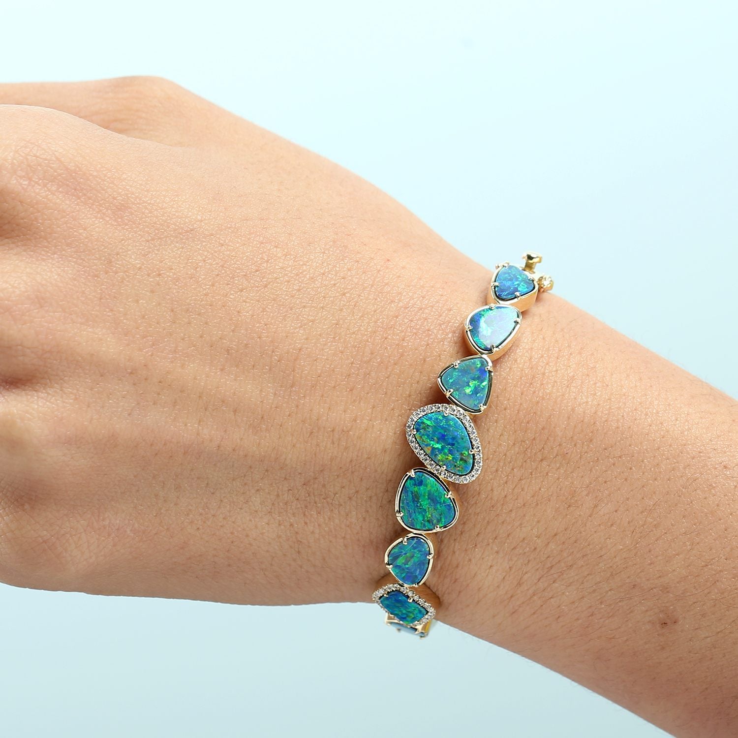 Opal Doublet Gemstone Pave Diamond Designer Bangle In Gold