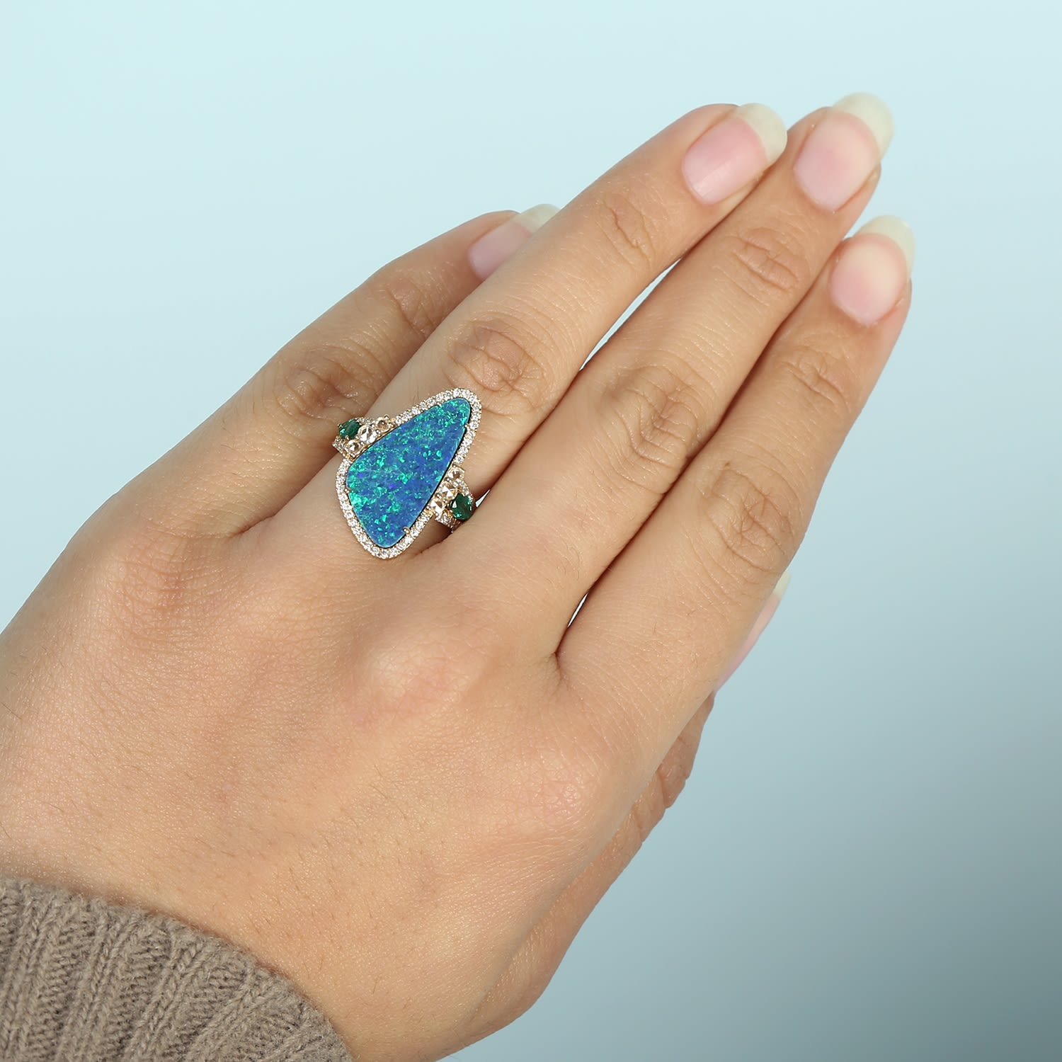 Opal Doublet & Pear Emerald Trinity Ring With Pave Diamonds In Gold