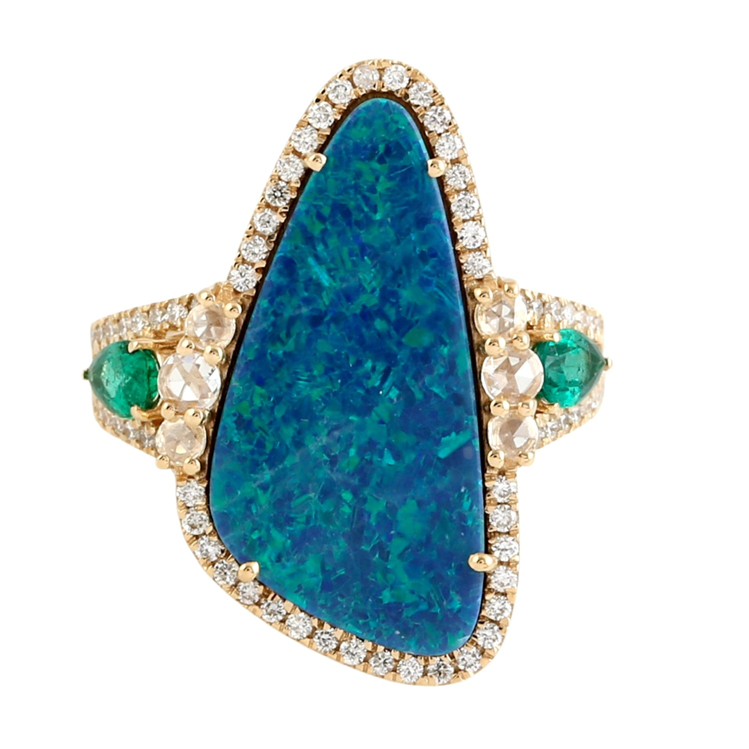 Opal Doublet & Pear Emerald Trinity Ring With Pave Diamonds In Gold