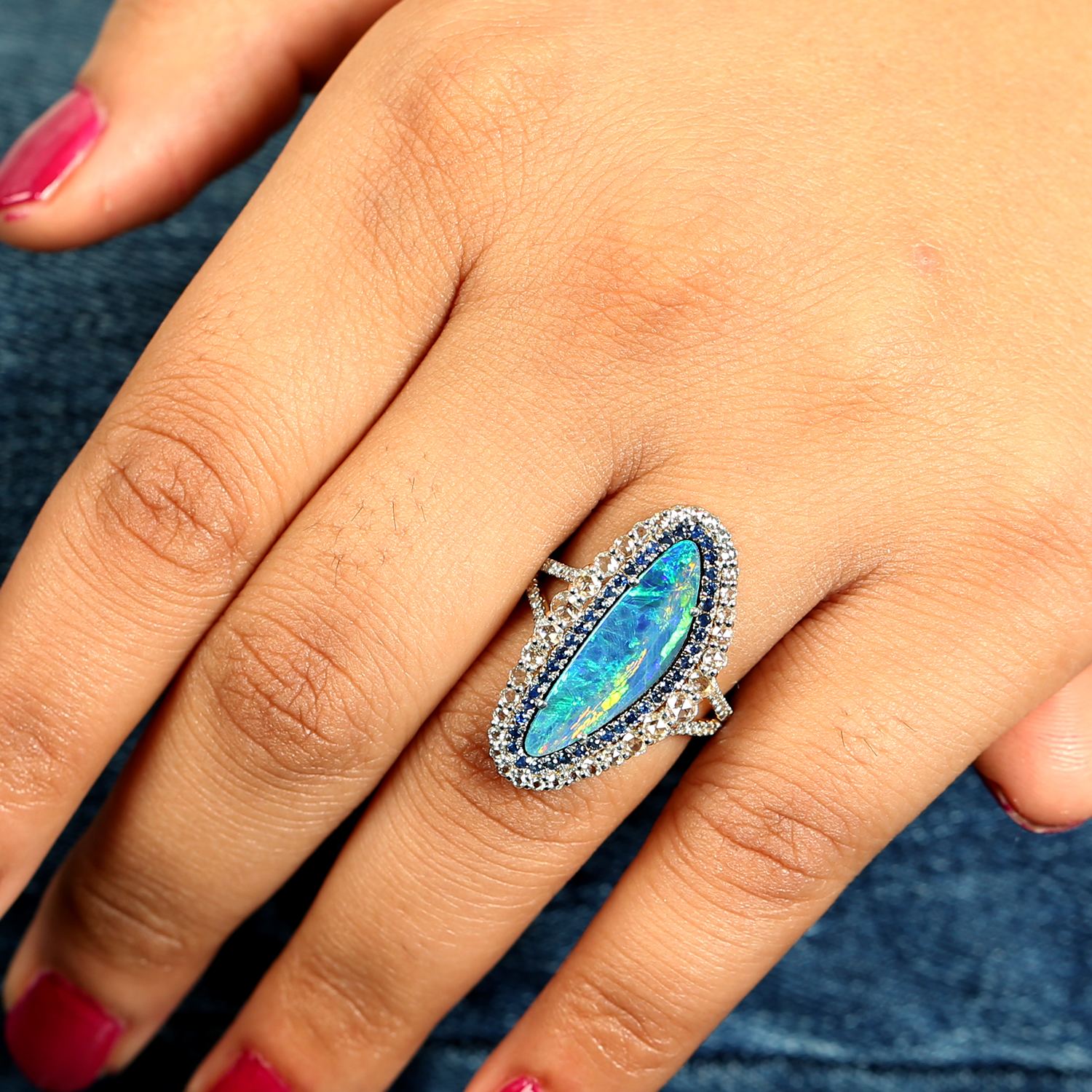Opal Doublet & Sapphire Uncut Diamond Cocktail Ring In Gold