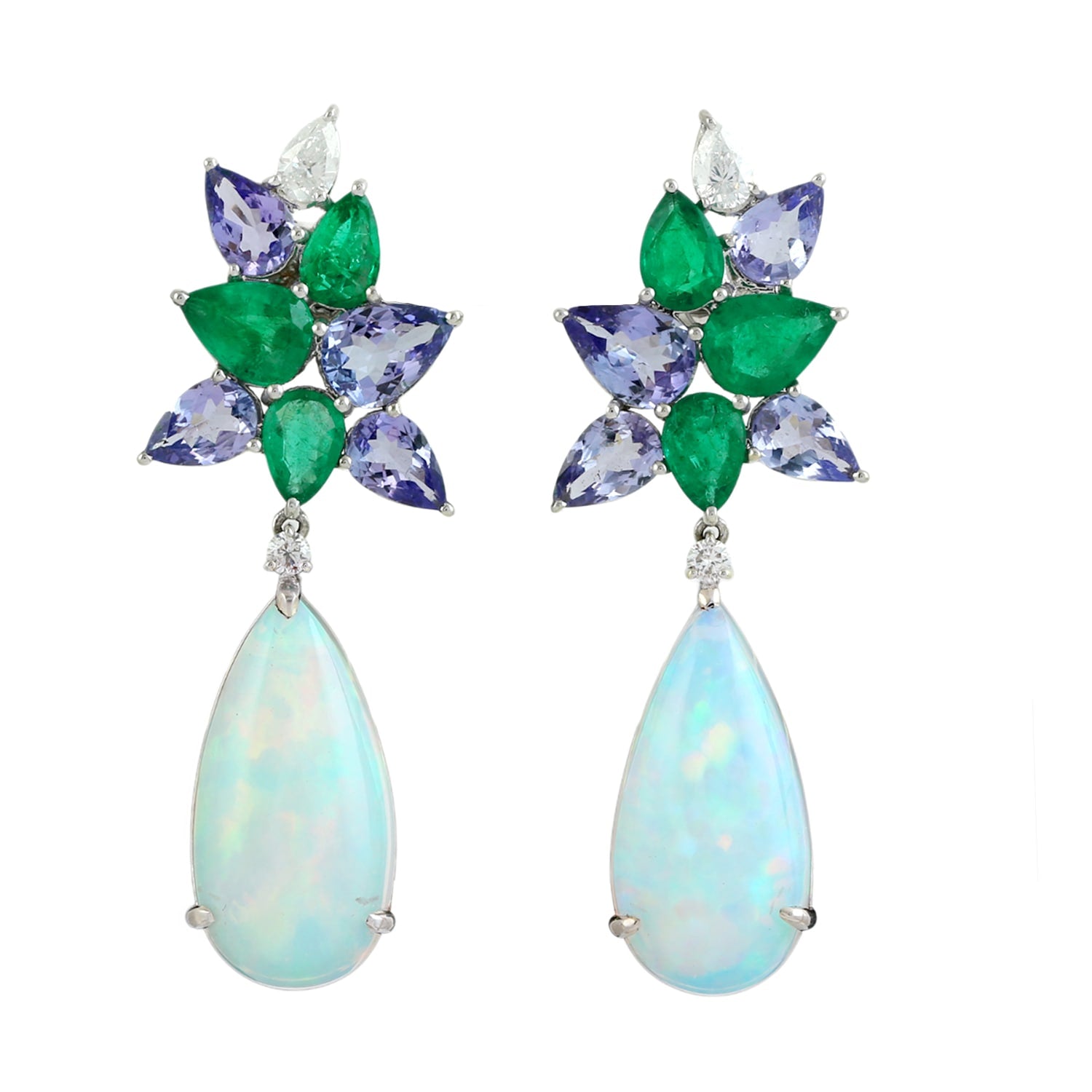 Opal Ethiopian & Tanzanite Pear Emerald Diamond Dangle Earrings In White Gold