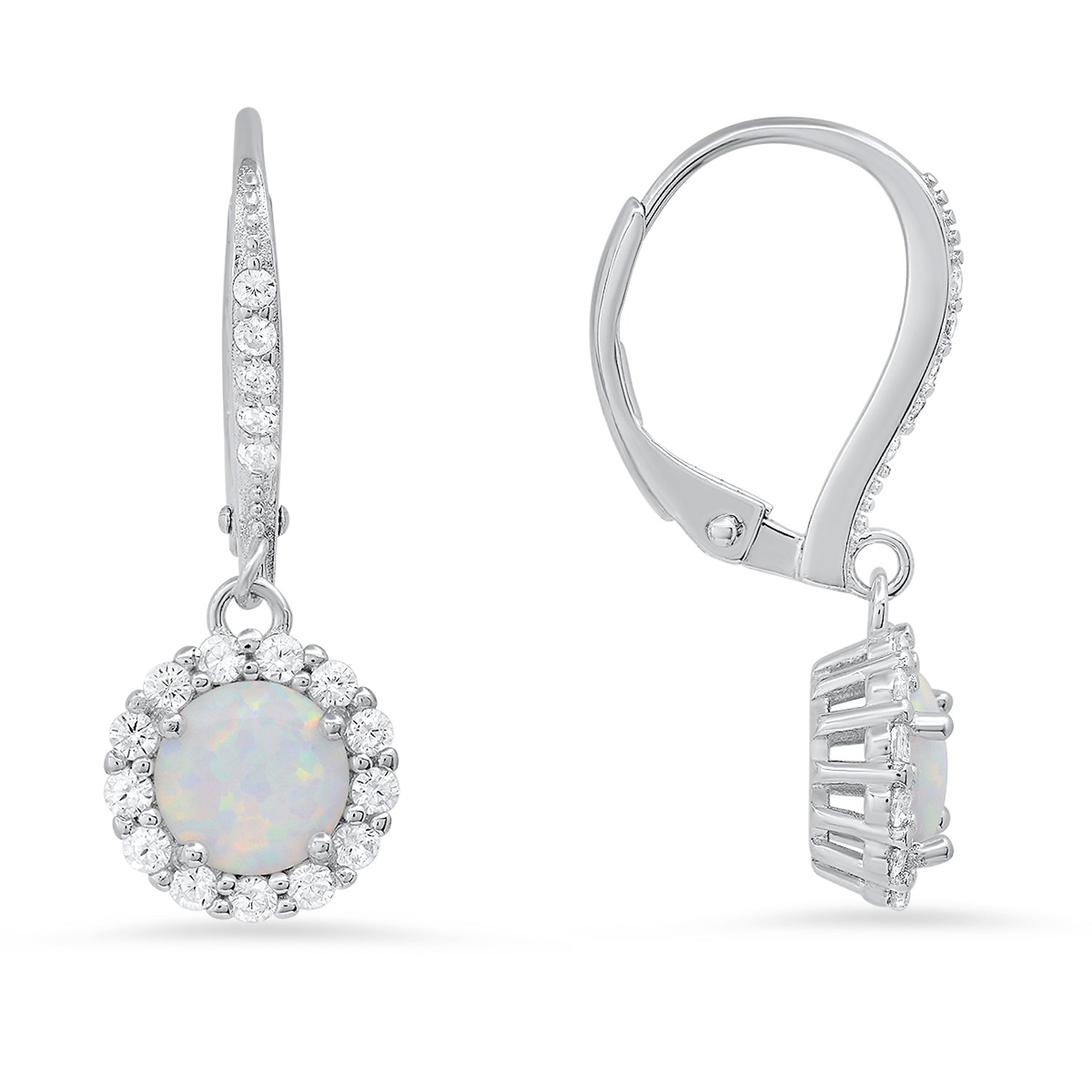Opal Halo Leverback Earrings In Sterling Silver