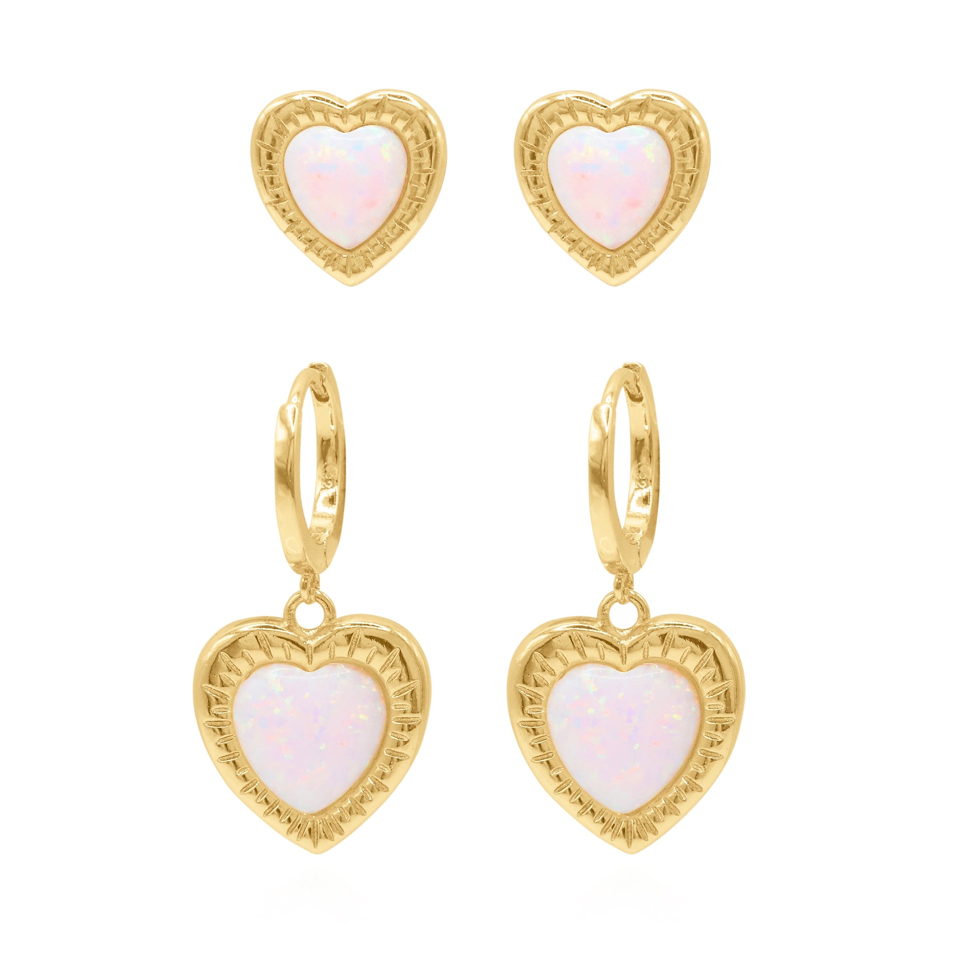 Opal Heart Earring Gift Set - Huggie Hoops & Stud Earrings - Gold Plated