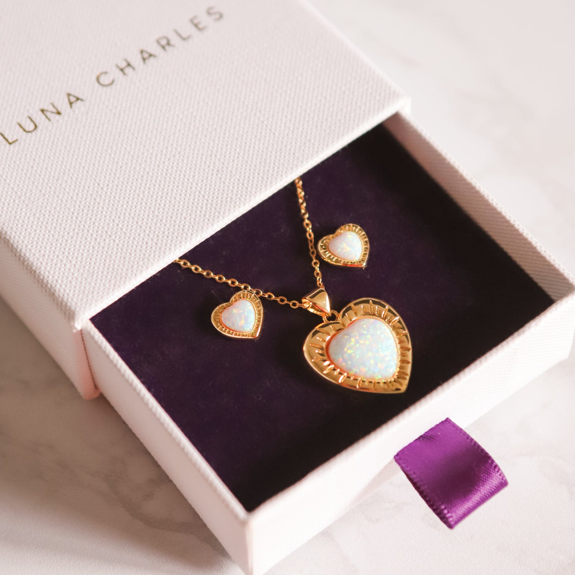 Opal Heart Necklace Gift Set - Earrings & Necklace - Gold Plated