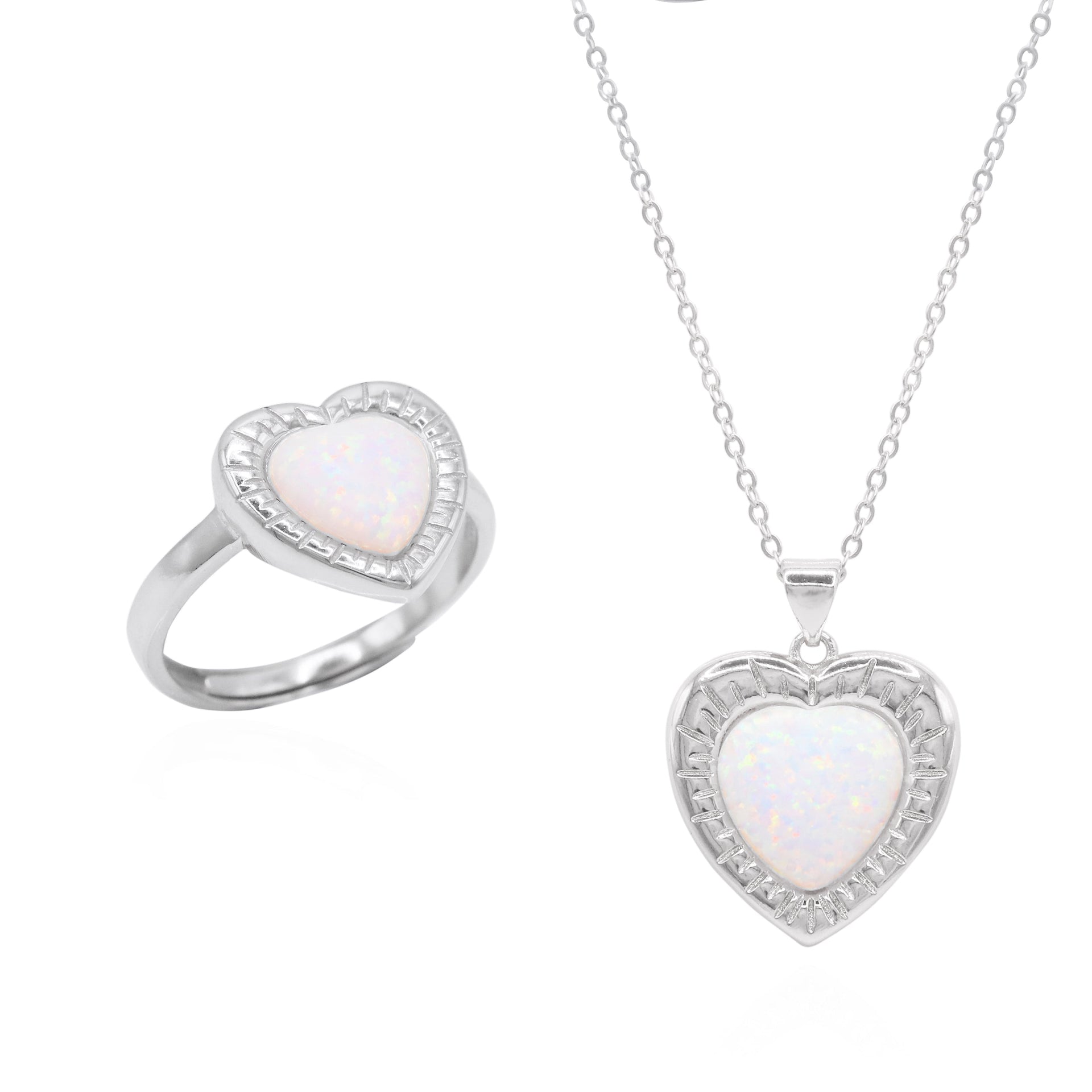 Opal Heart Ring Gift Set - Ring & Necklace - Sterling Silver