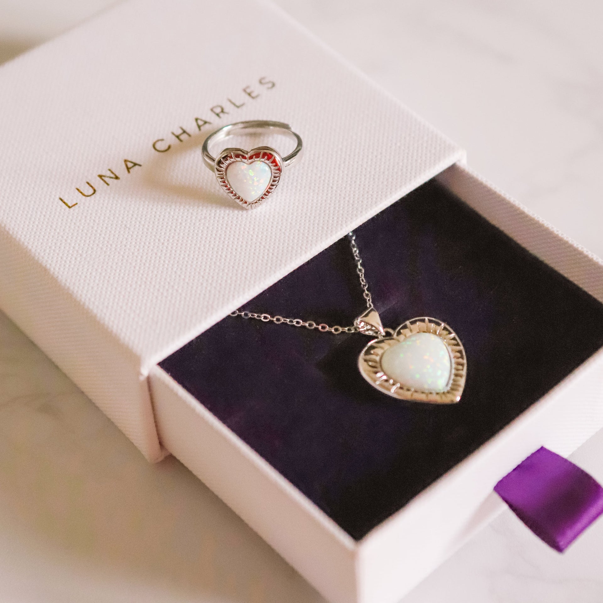 Opal Heart Ring Gift Set - Ring & Necklace - Sterling Silver
