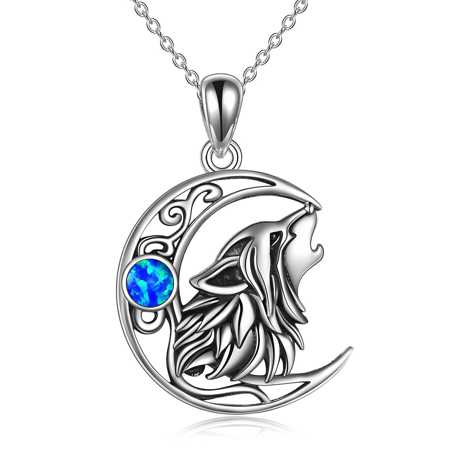 Sterling Silver Opal Wolf & Moon Pendant Necklace