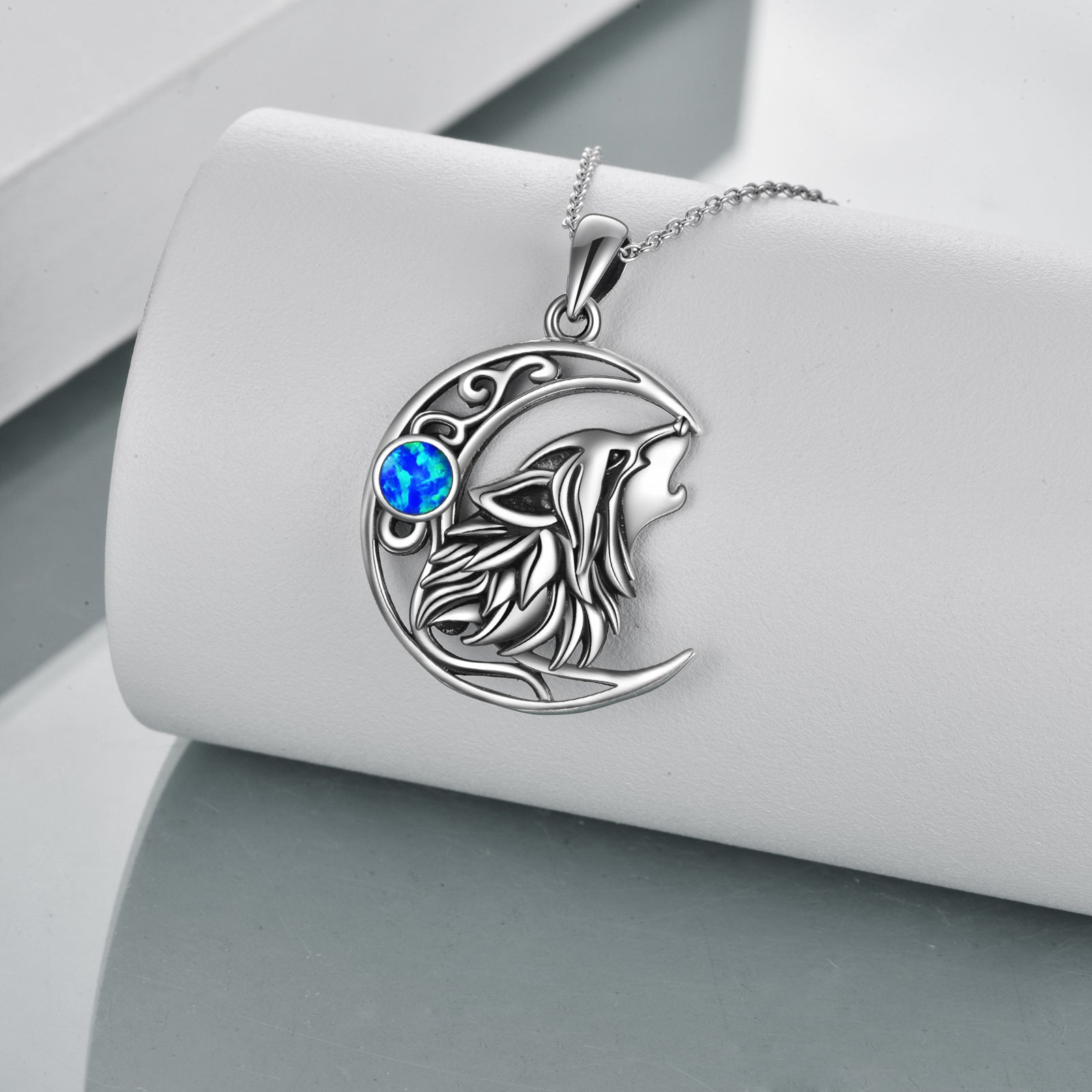 Sterling Silver Opal Wolf & Moon Pendant Necklace