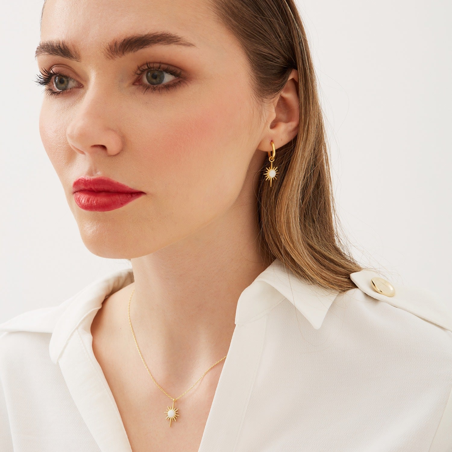 Opal Northernstar Drop Hoop Earring & Necklace Sterling Silver Set - Silver