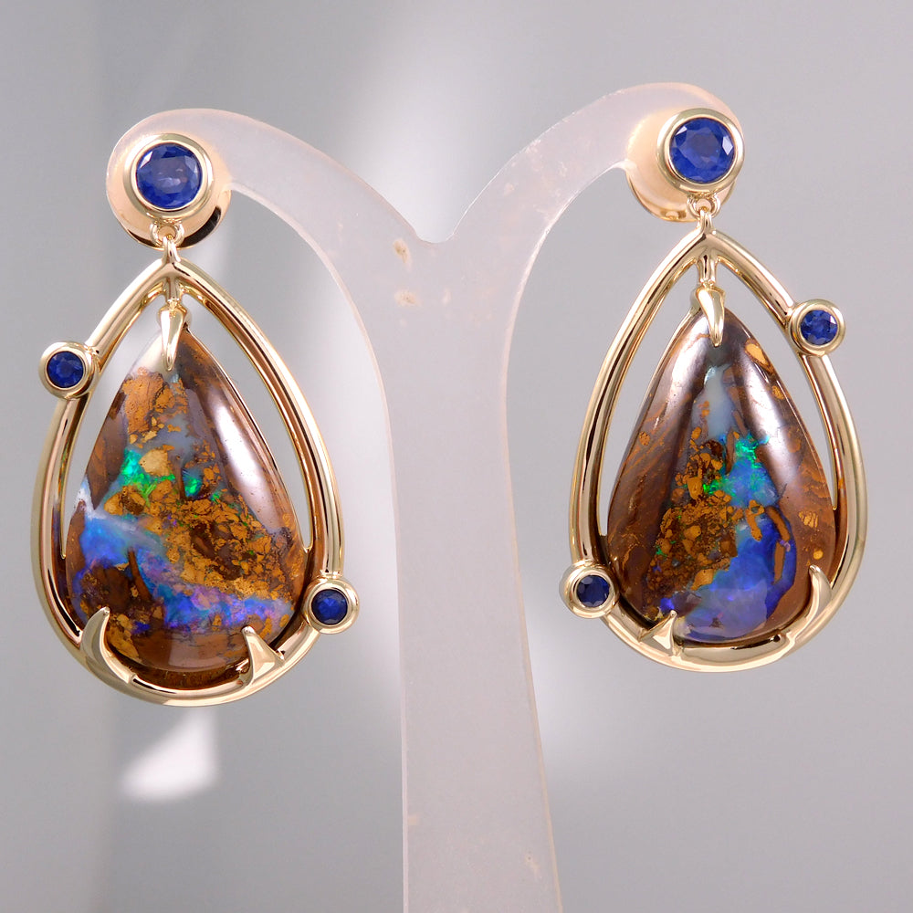 Boulder Opal And Sapphire Birthday Earrings