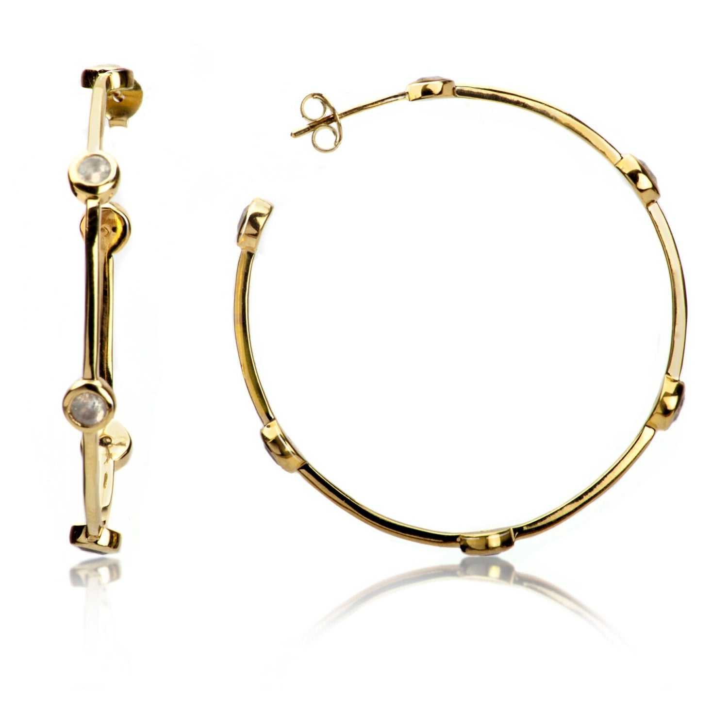 Open Hoop Earrings With Moonstones In Gold Vermeil