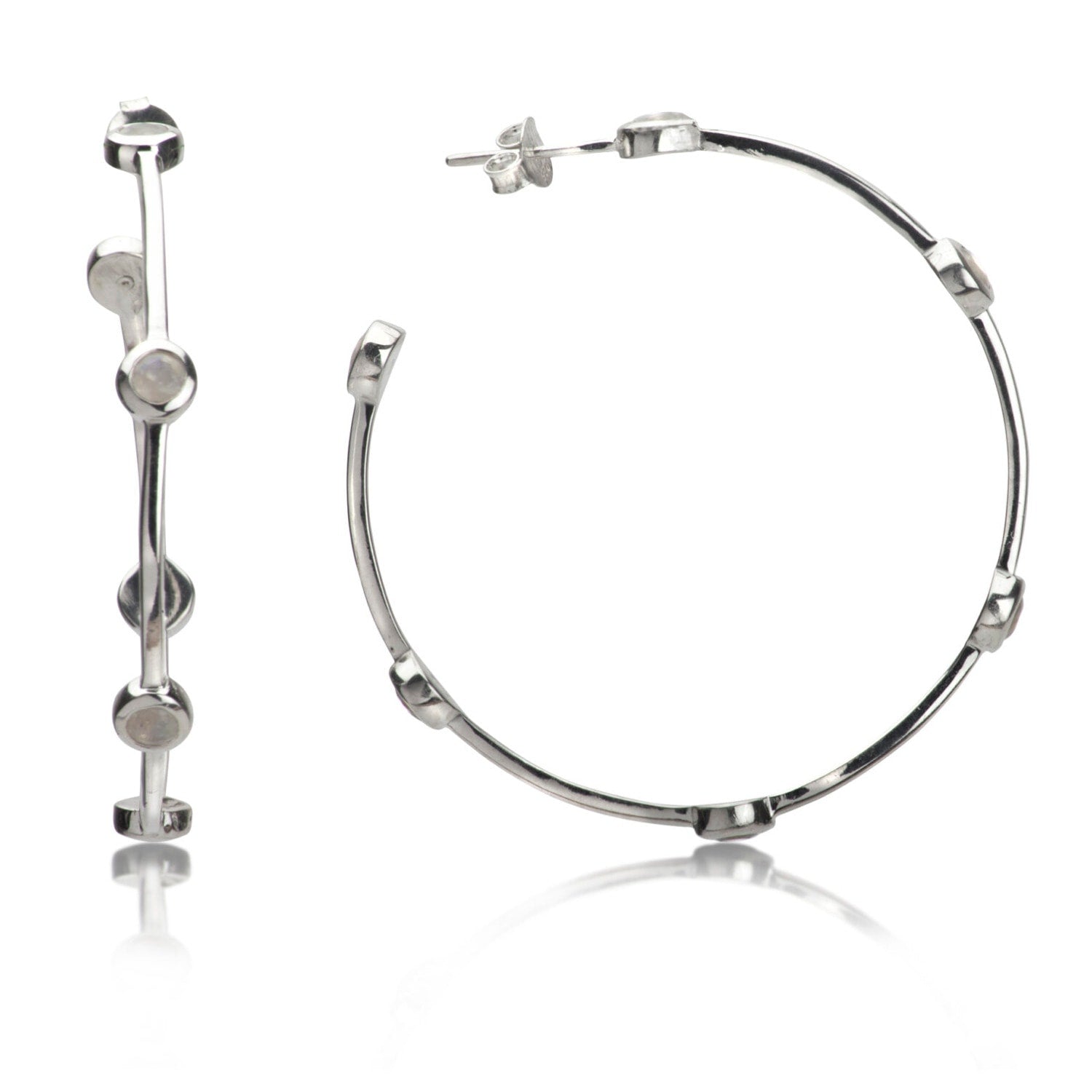 Open Hoop Earrings With Moonstones In Sterling Silver