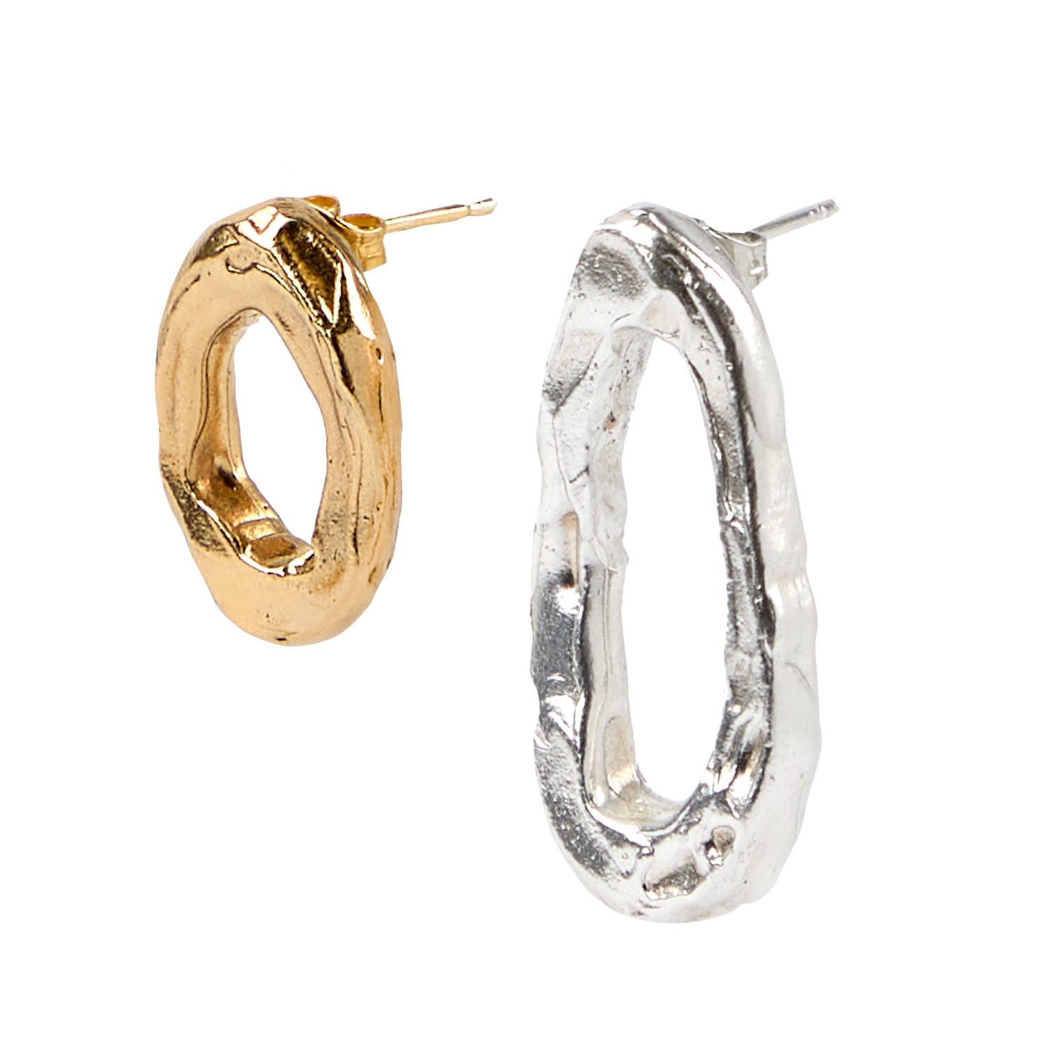 Molten Irregular Hoops Opposites Attract Earrings - Silver & Gold Vermeil Mix