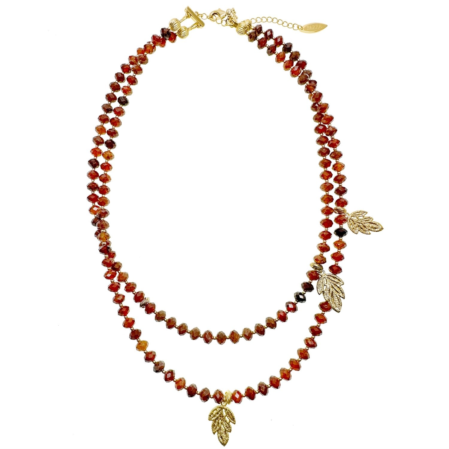 Birthstone Orange Garnet With Leaves Charms Double Strands Necklace