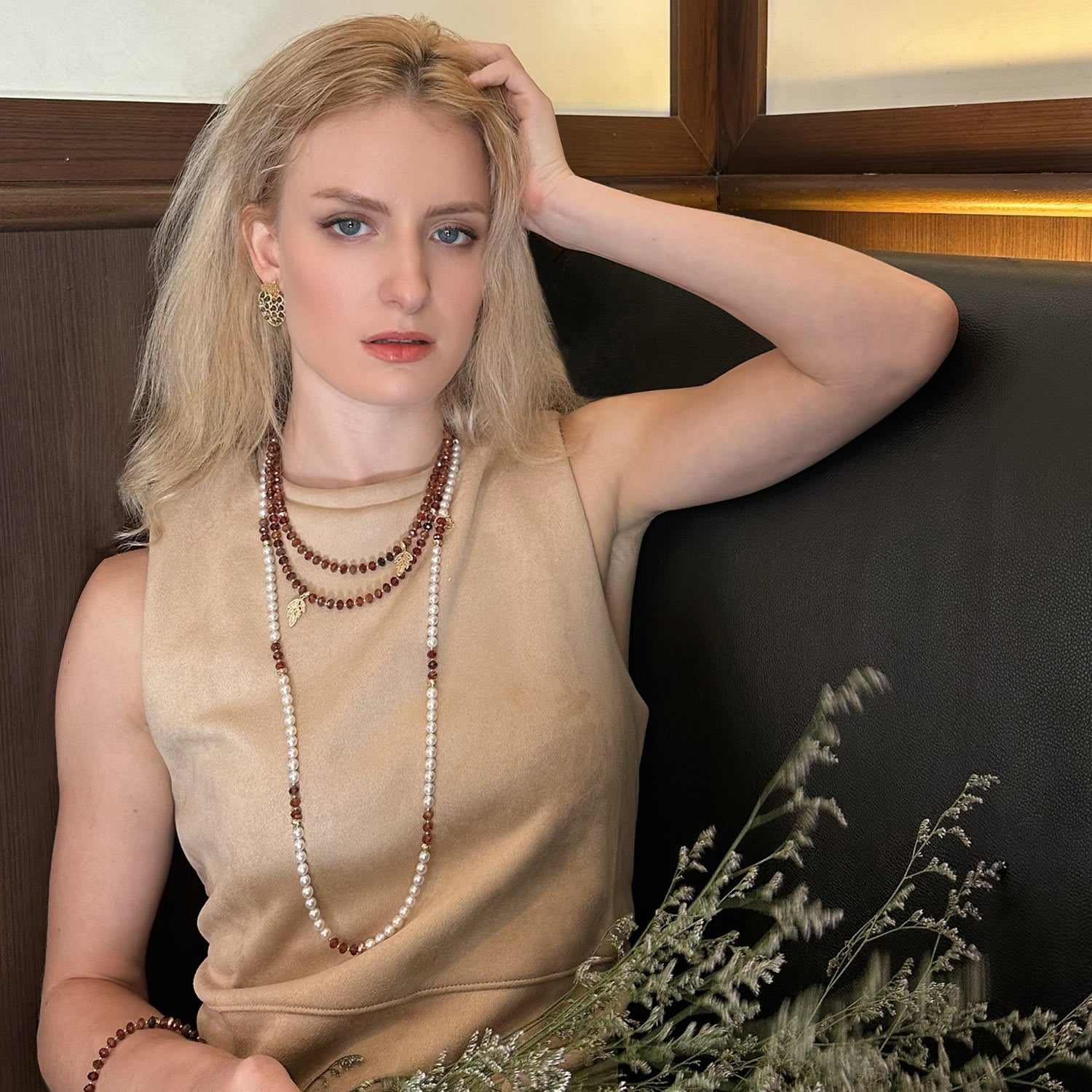 Birthstone Orange Garnet With Leaves Charms Double Strands Necklace