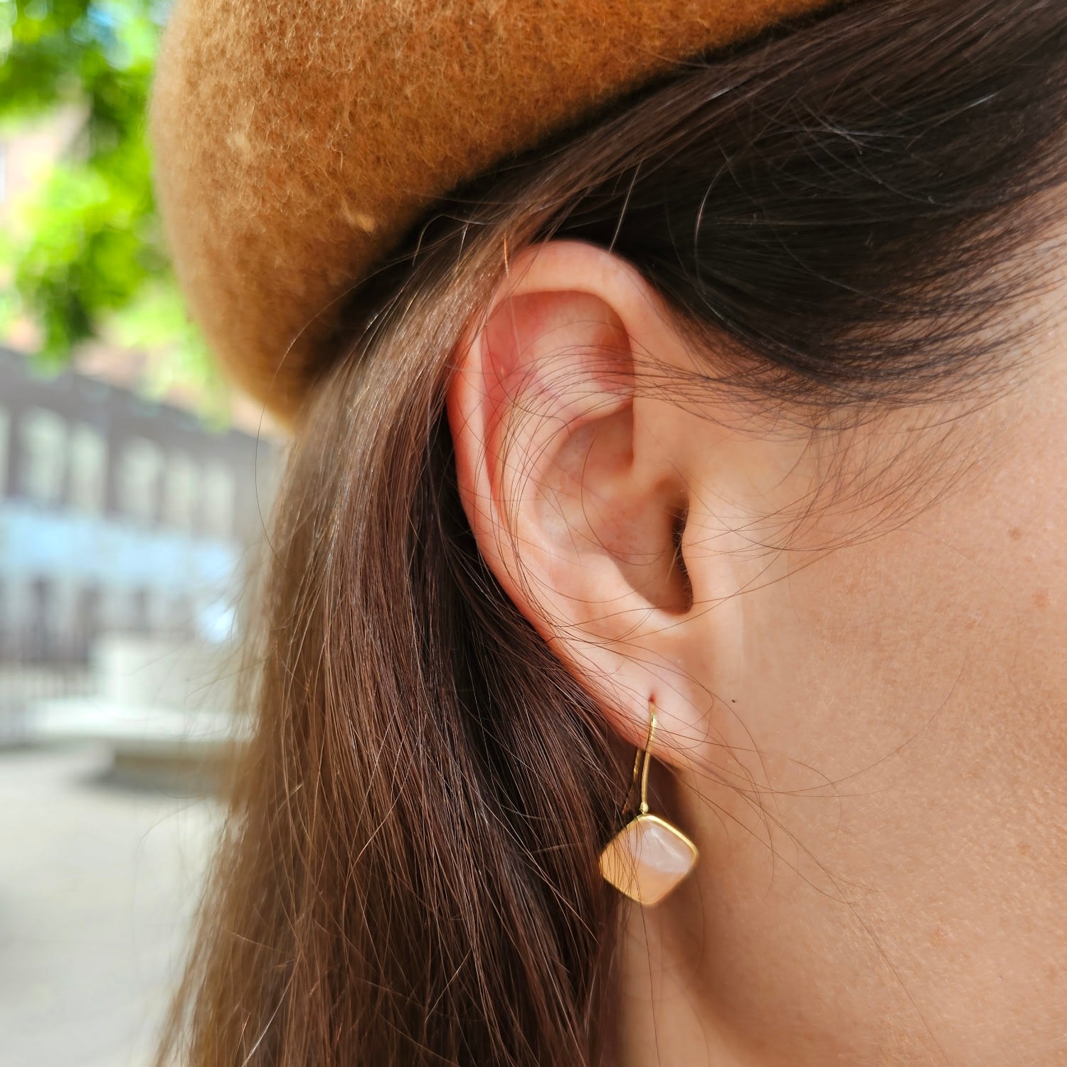 Orange Moonstone Square Shaped Minimalist Earrings