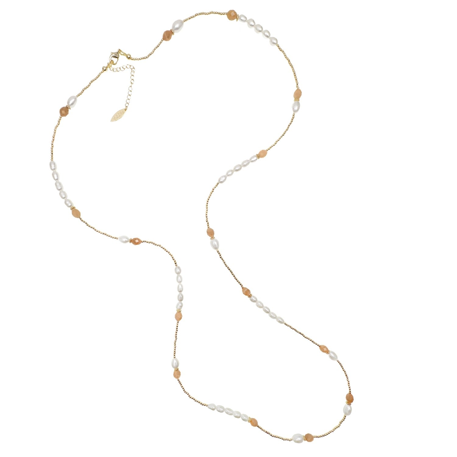 Orange Moonstone With White Pearls Long Necklace