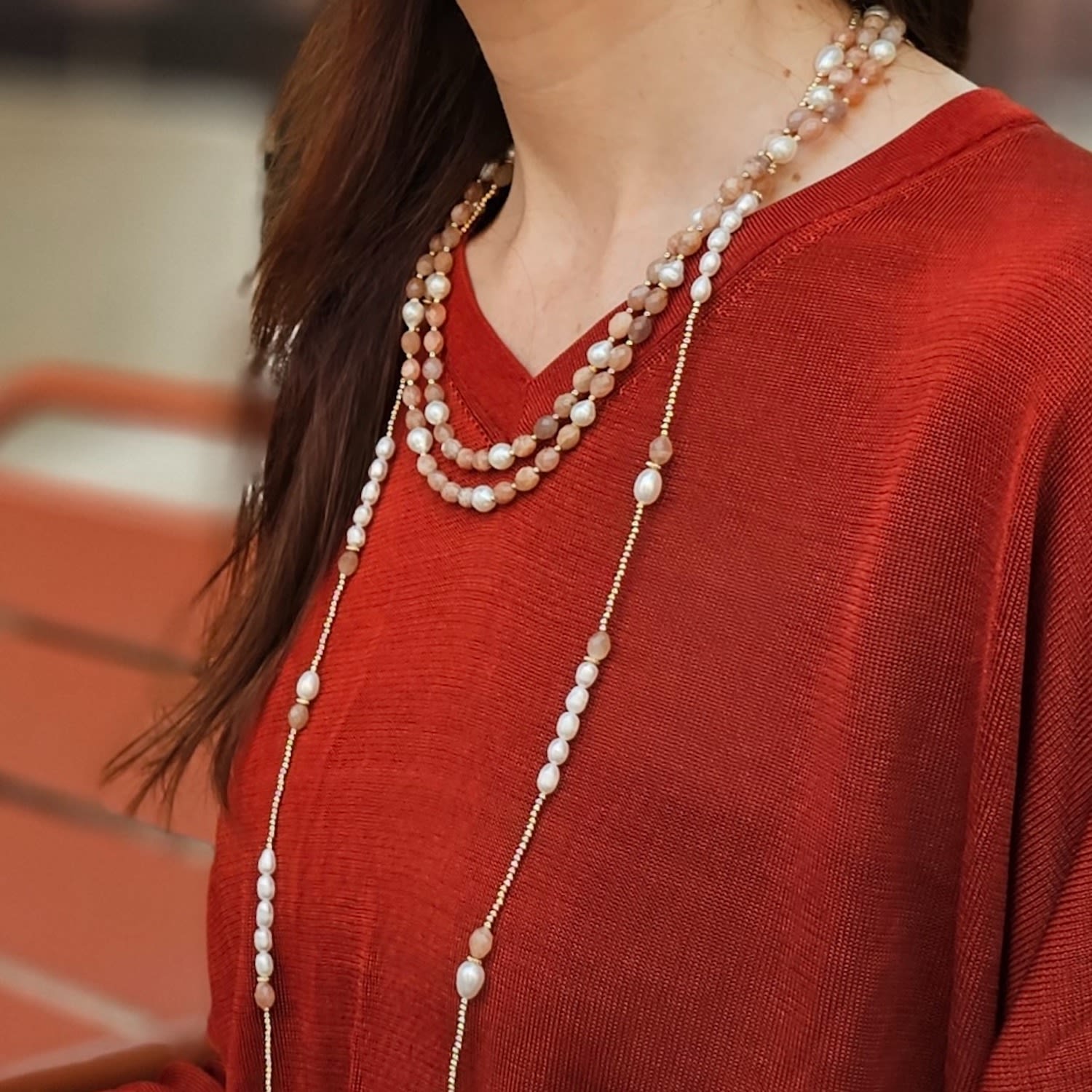 Orange Moonstone With White Pearls Long Necklace