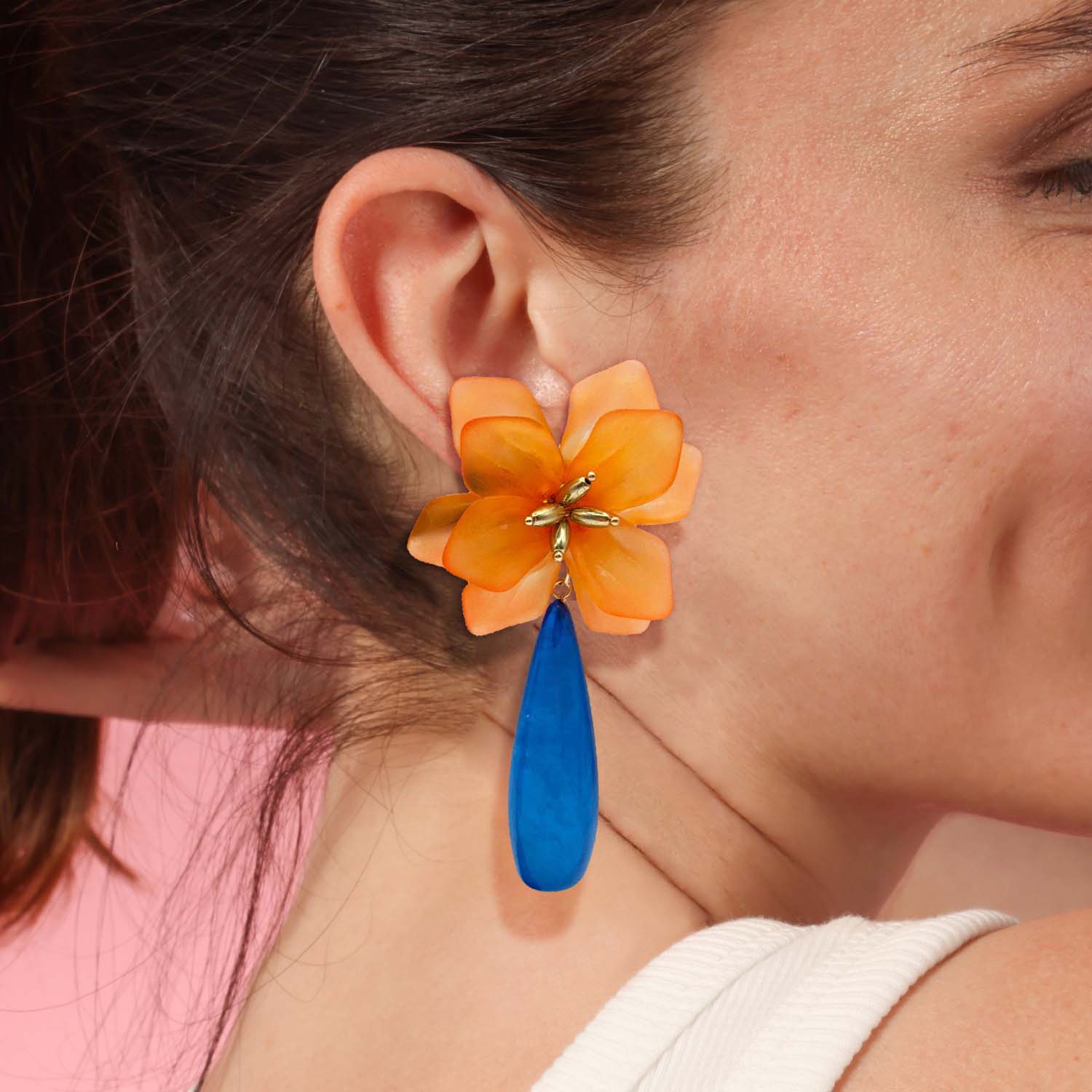 Orange Resin Floral Clip On Earring With Blue Drop