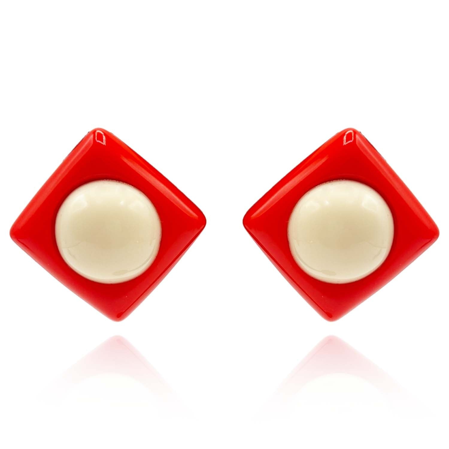 Orange Resin Square Clip On Earrings With Ivory Dome Center
