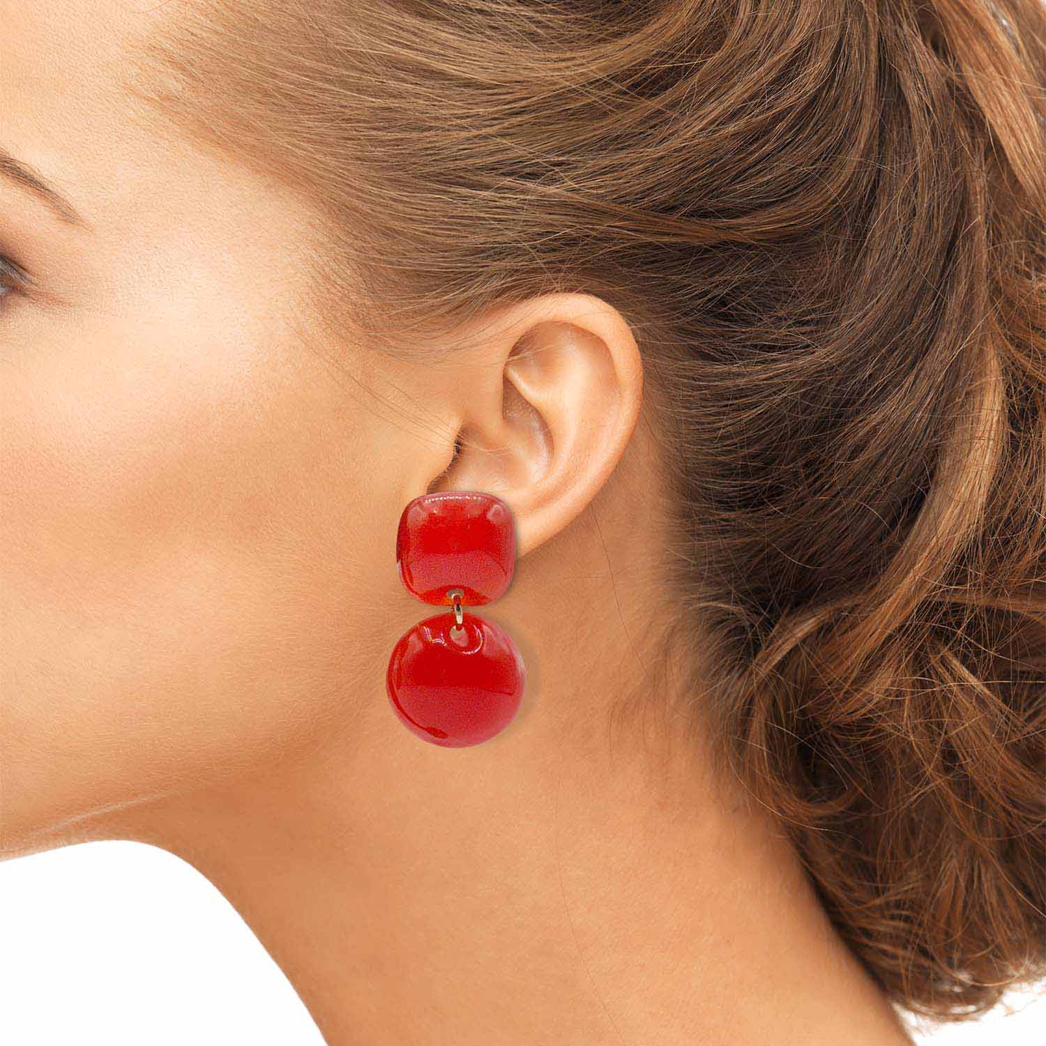 Orangy Red Small Resin Clip-On Drop Earrings