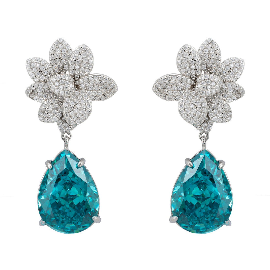 Orchid Flower Teardrop Aquamarine Earrings Silver