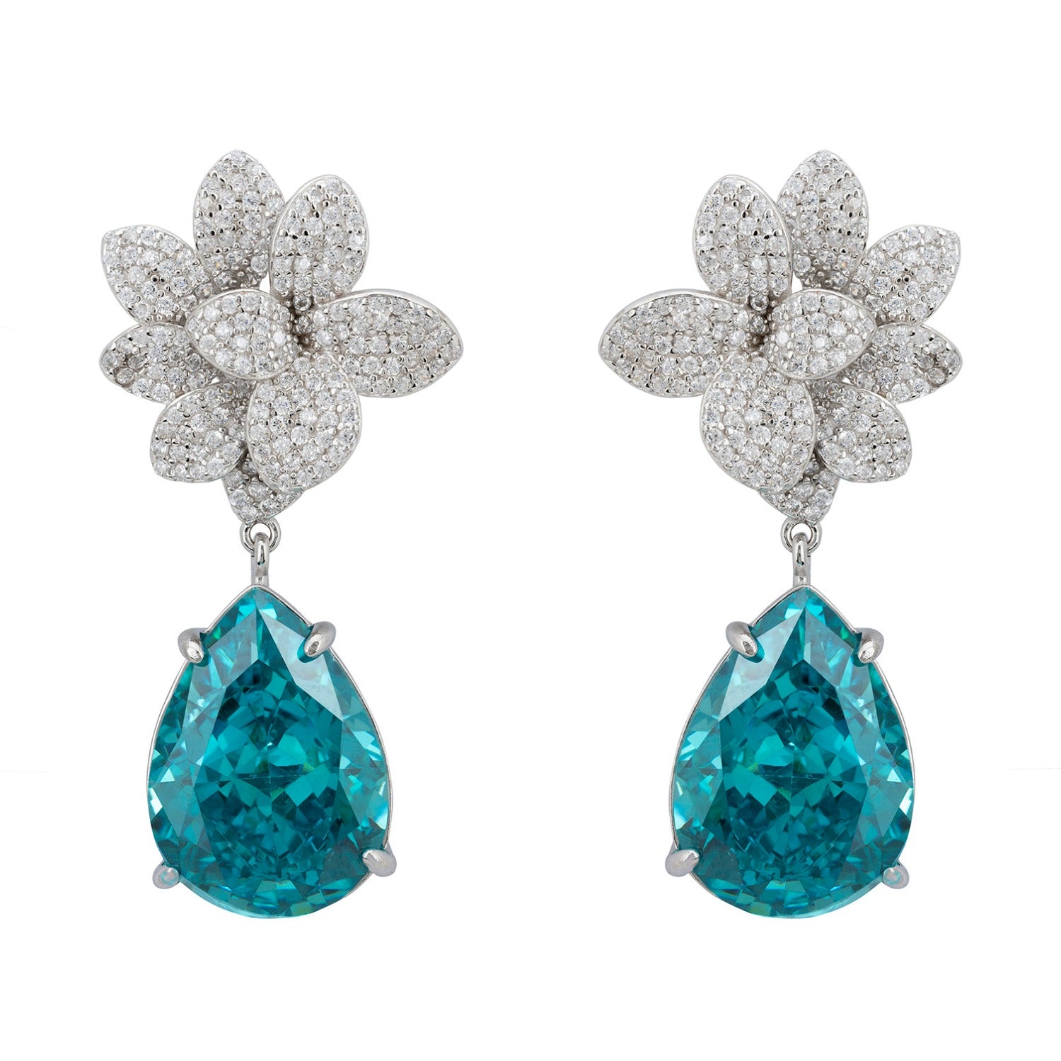 Orchid Flower Teardrop Aquamarine Earrings Silver